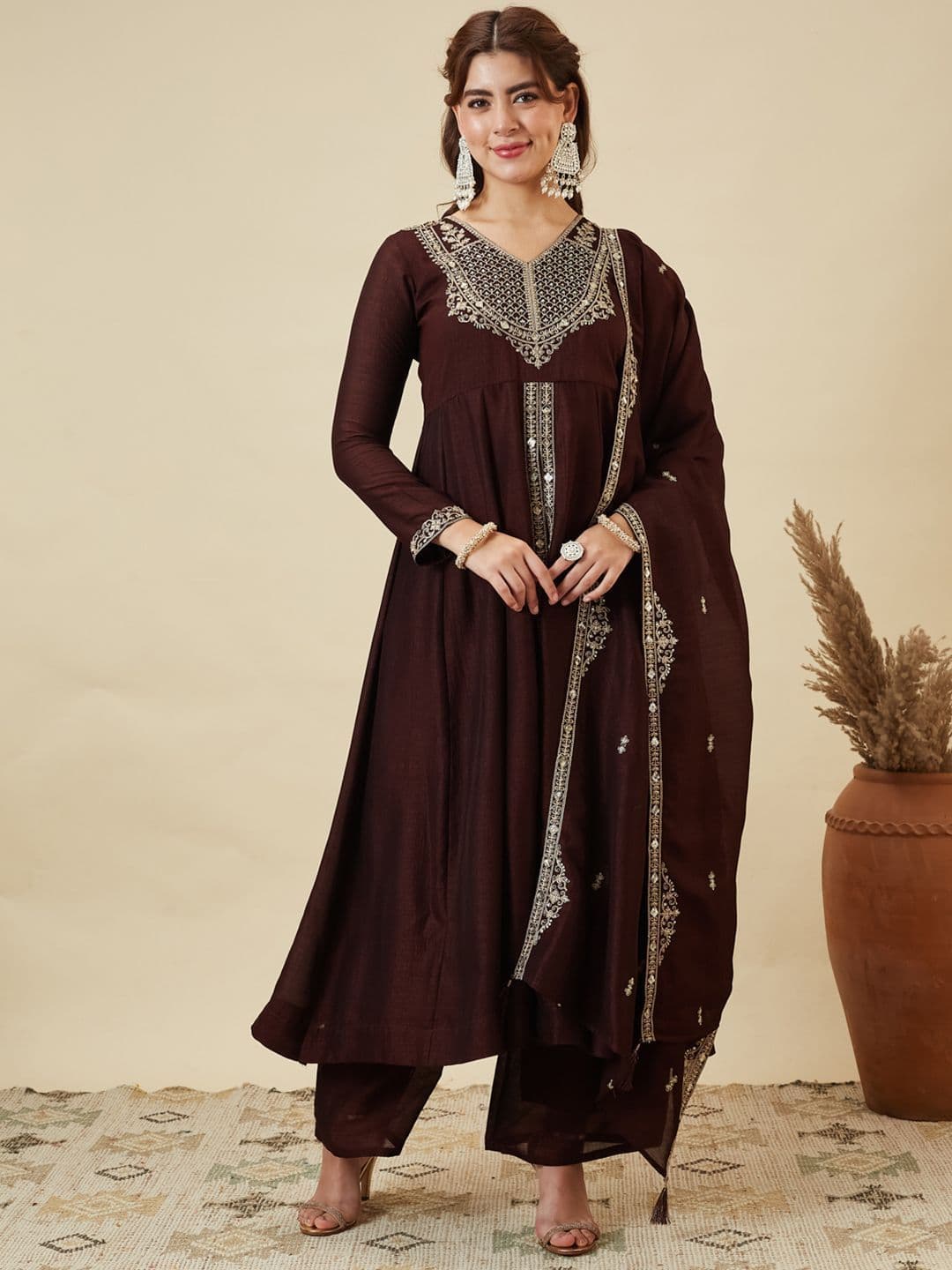 Colors of Earth Colors of Earth Silk Embroidered Anarkali Kurta And Palazzo Set With Dupatta - view 1