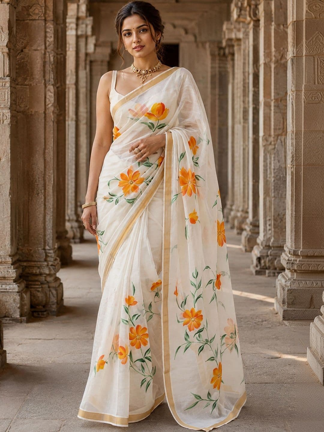 KALINI Floral Linen Blend Designer Block Print Saree - view 1