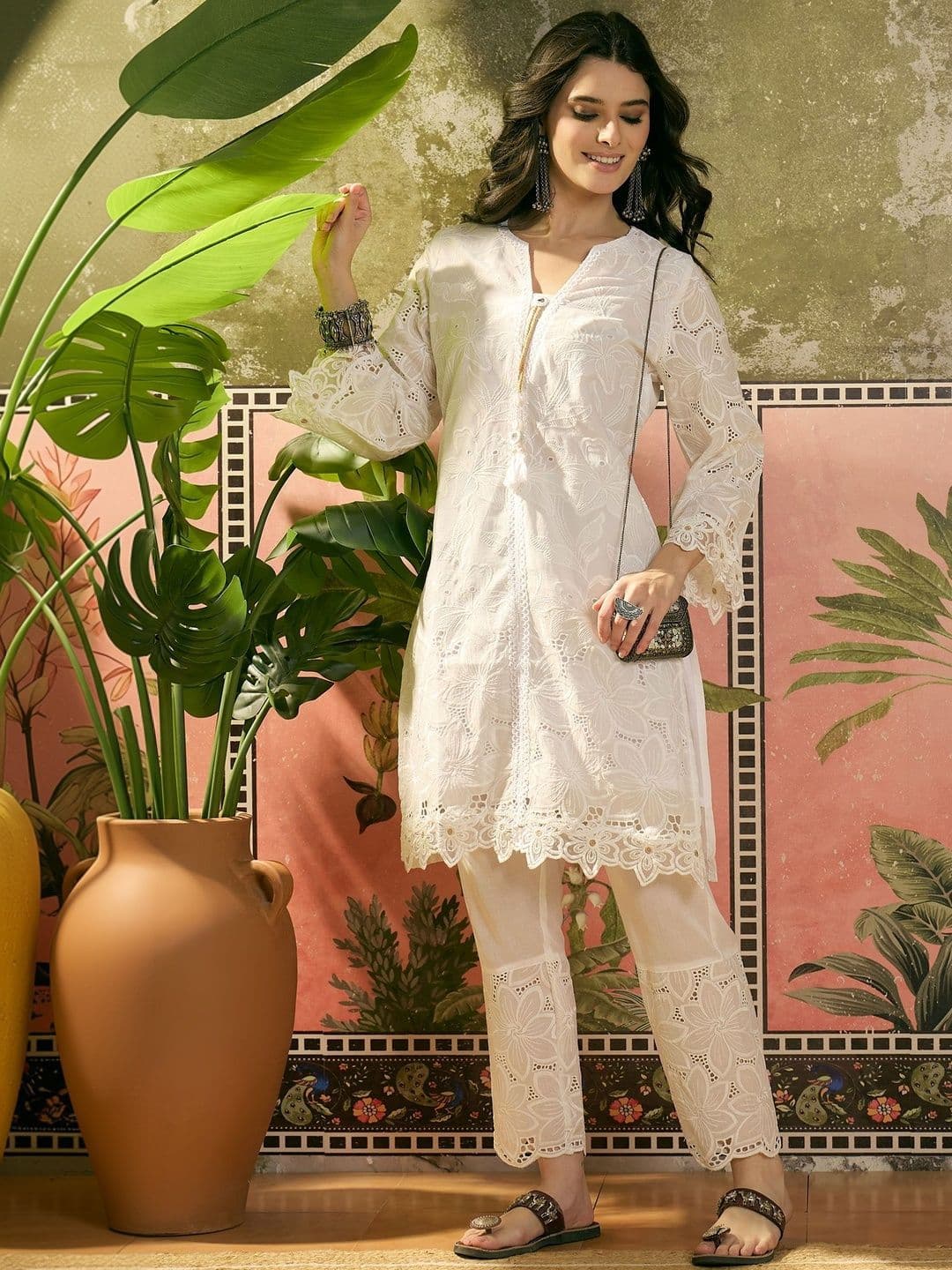 Sangria Embroidered Pure Cotton Round Neck Kurta & Trousers Kurta Set - view 1