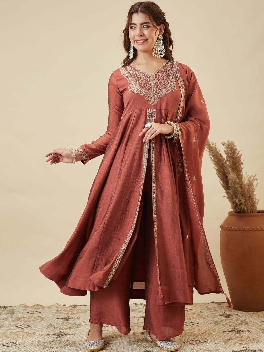 Colors of Earth Colors of Earth Silk Embroidered Anarkali Kurta And Palazzo Set With Dupatta - view 1