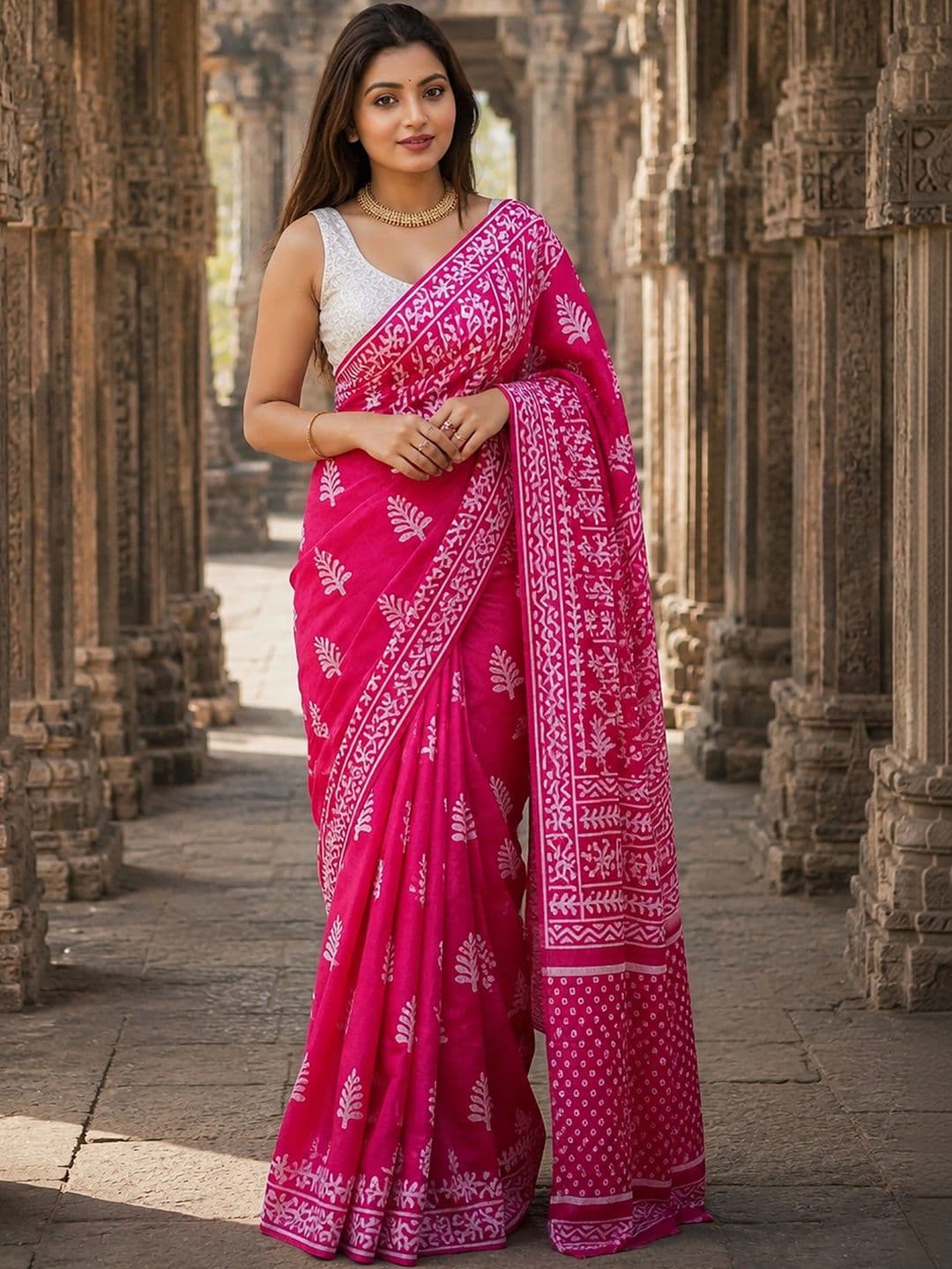 Aldwych Linen Blend Designer Block Print Saree - view 1