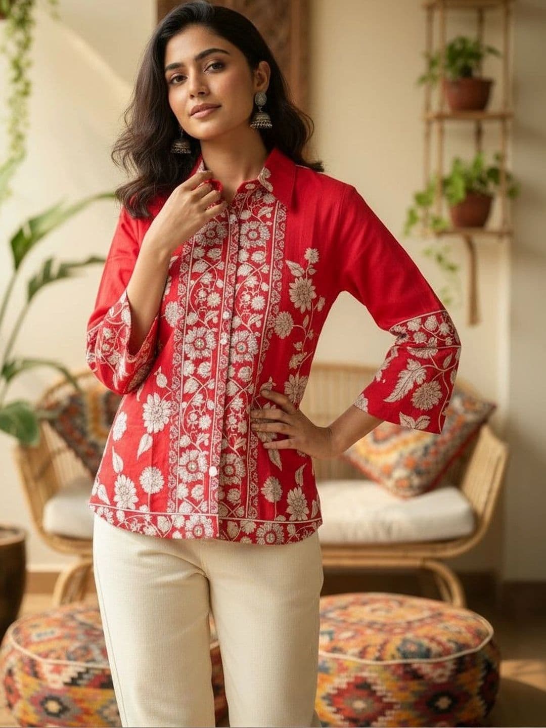 Anouk Floral Embroidered Shirt Collar Pure Cotton Blend Kurti - view 1