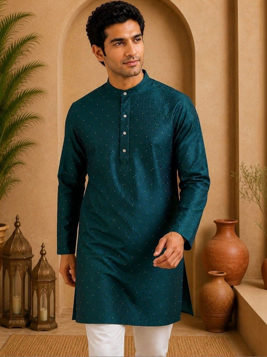 TATTVA Men Embellished Sequinned Jacquard Kurta - view 1