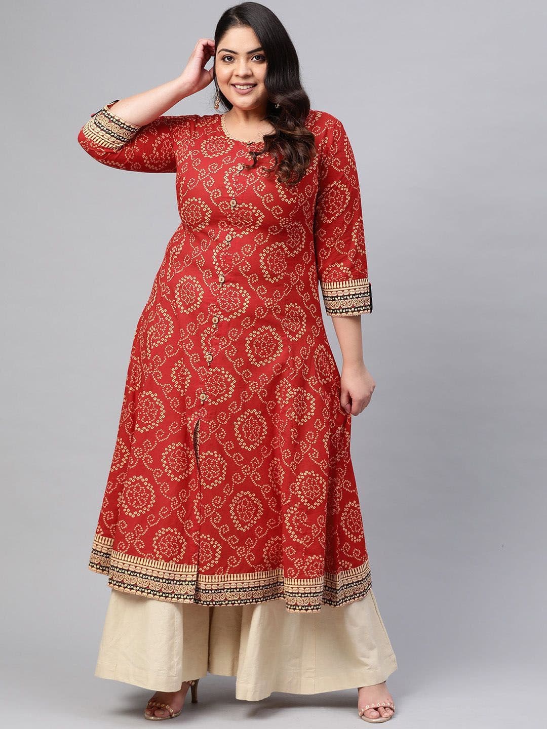 KALINI Plus Size Bandhani Printed Round Neck Cotton Anarkali Kurta - view 1
