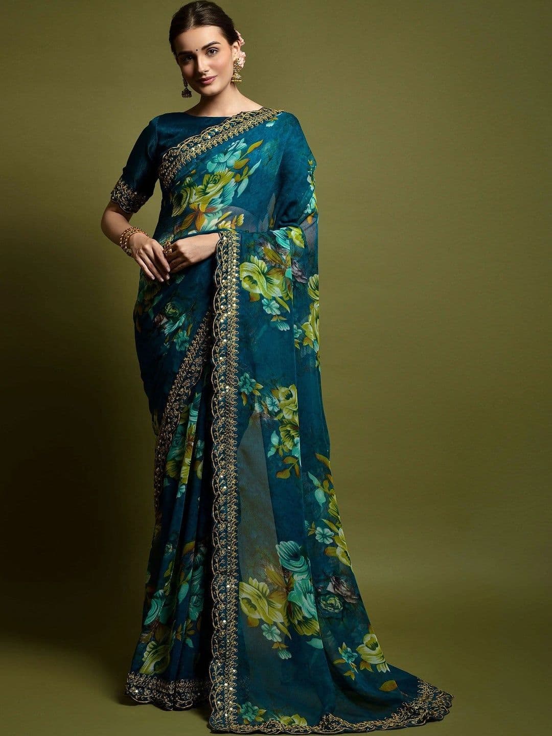Peachmode Floral Embroidered Poly Georgette Saree - view 1