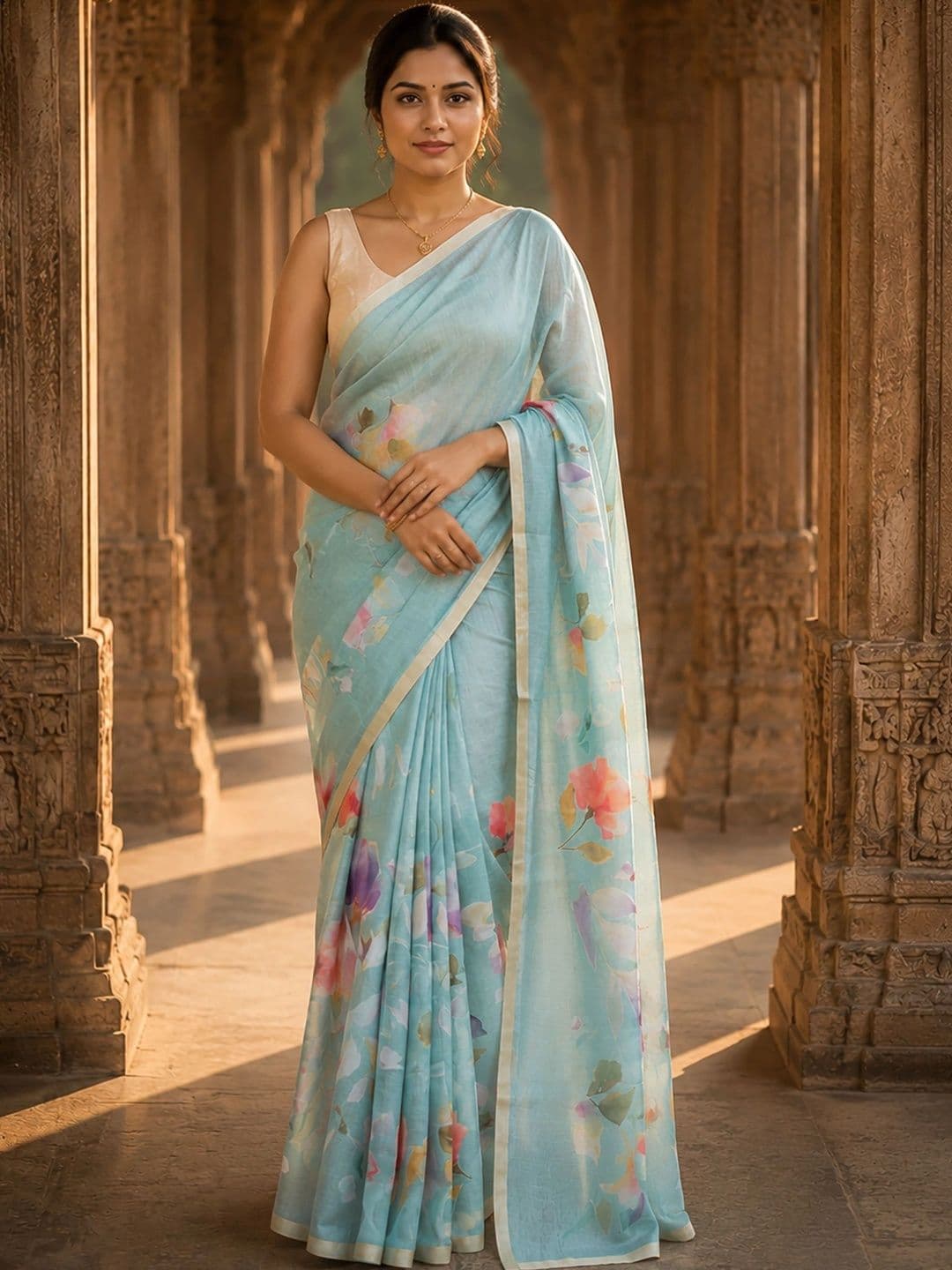 KALINI Floral Linen Blend Designer Block Print Saree - view 1