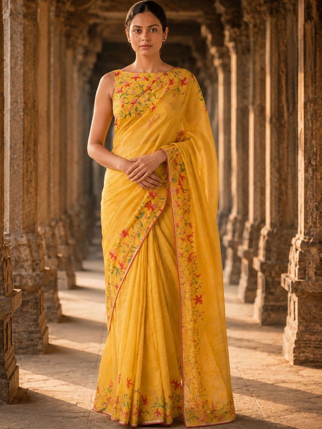 Aldwych Embroidered Linen Blend Designer Block Print Saree - view 1