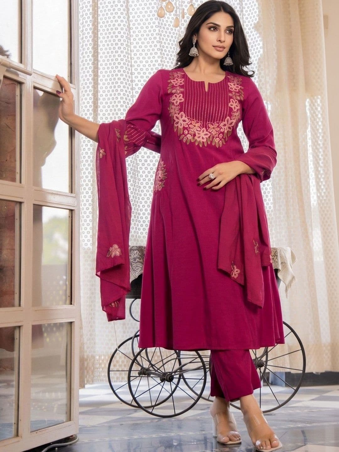 UDBHAV EXPORT Women Ethnic Motifs Embroidered Kurta with Trousers & With Dupatta - view 1