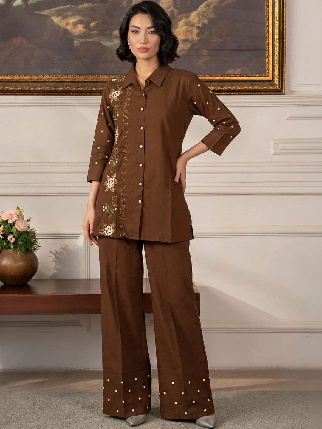 Meena Bazaar Women Ethnic Motifs Embroidered Regular Thread Work Kurti with Palazzos - view 1