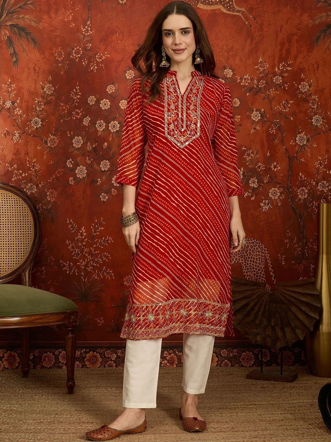 Sangria Women Leheriya Printed Thread Work Georgette Kurta - view 1