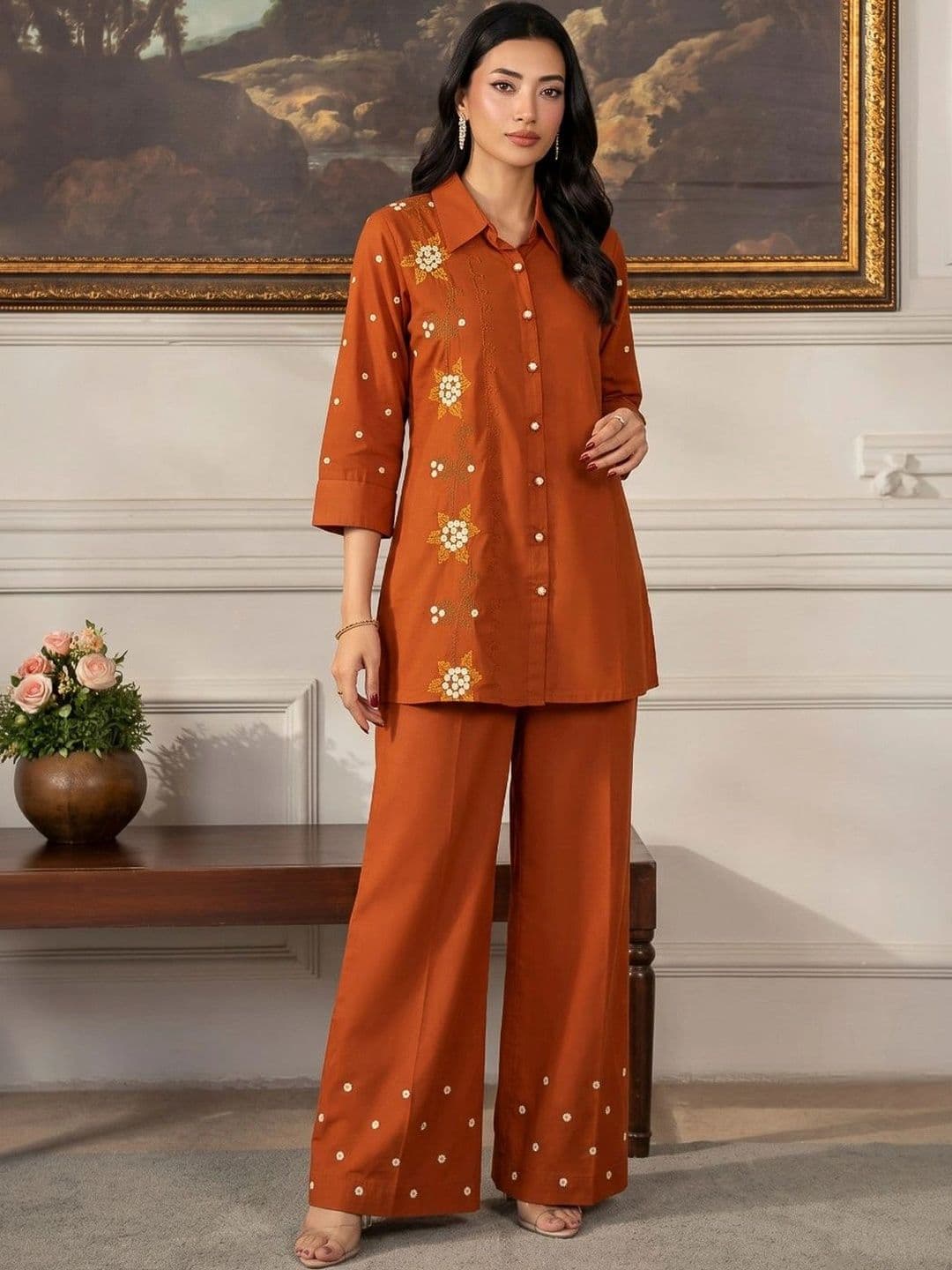 Meena Bazaar Women Floral Embroidered Regular Thread Work Kurti with Palazzos - view 1