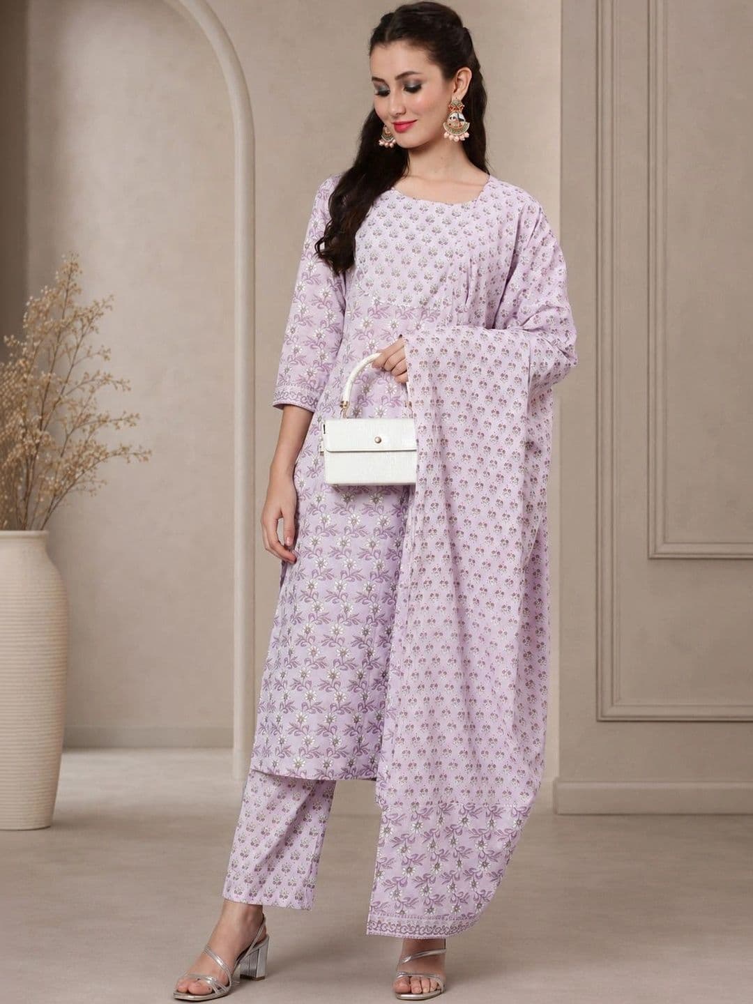 WOMENCLICK Women Ethnic Motifs Printed Regular Pure Cotton Kurta with Trousers & With Dupatta - view 1