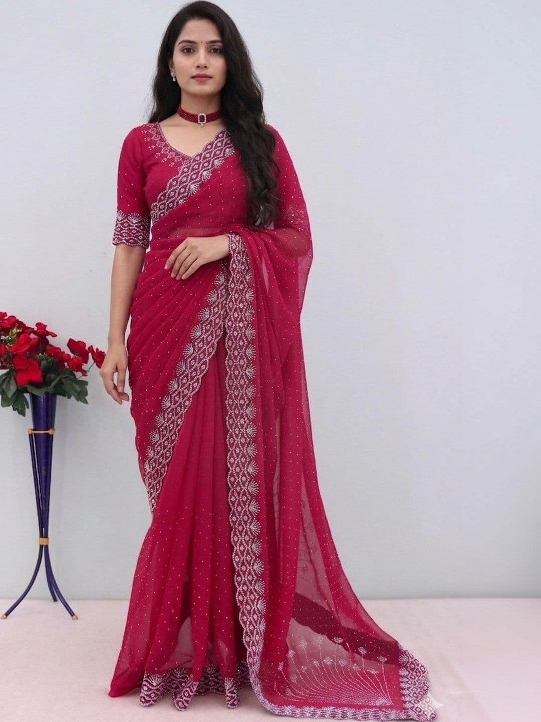 SmileyFashion Embellished Pure Georgette Designer Saree - view 1
