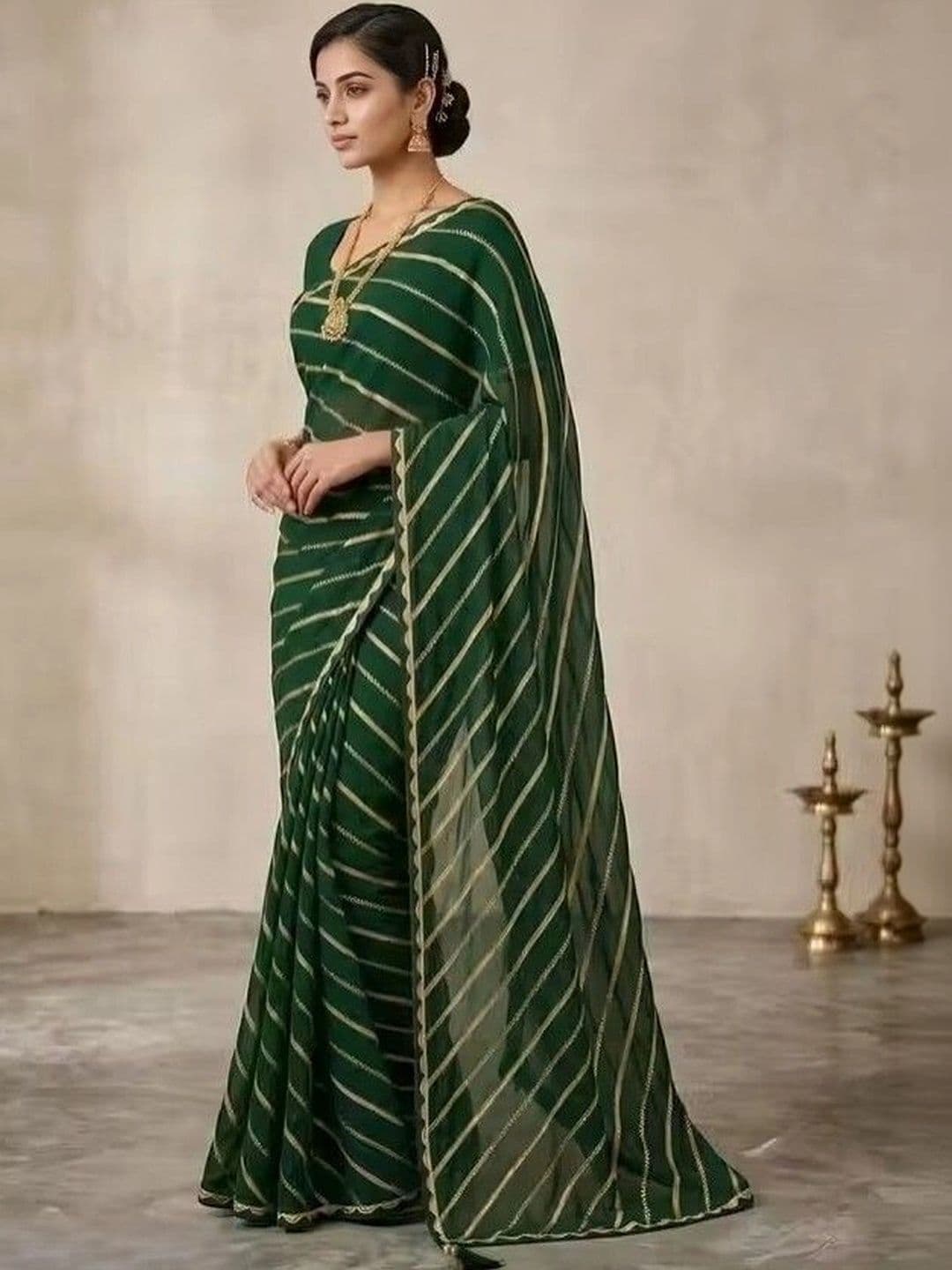 RENBRIZA Striped Zari Poly Georgette Leheriya Saree - view 1