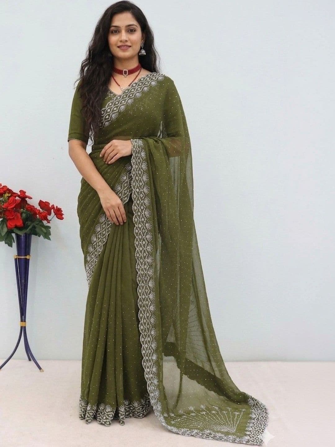 SmileyFashion Embellished Pure Georgette Designer Saree - view 1