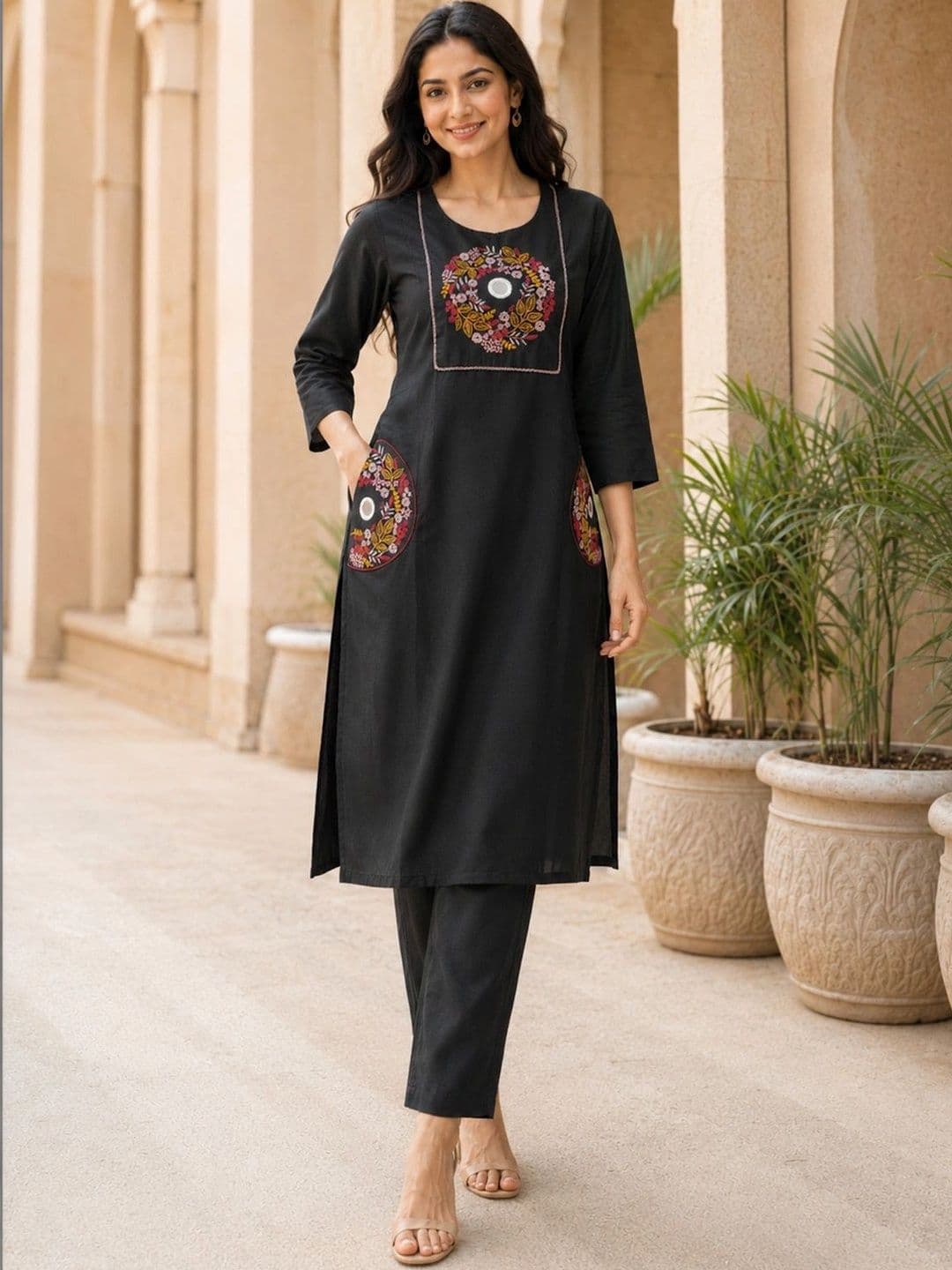 Sun Fashion And Lifestyle Women Ethnic Motifs Embroidered Regular Mirror Work Kurta with Trousers - view 1