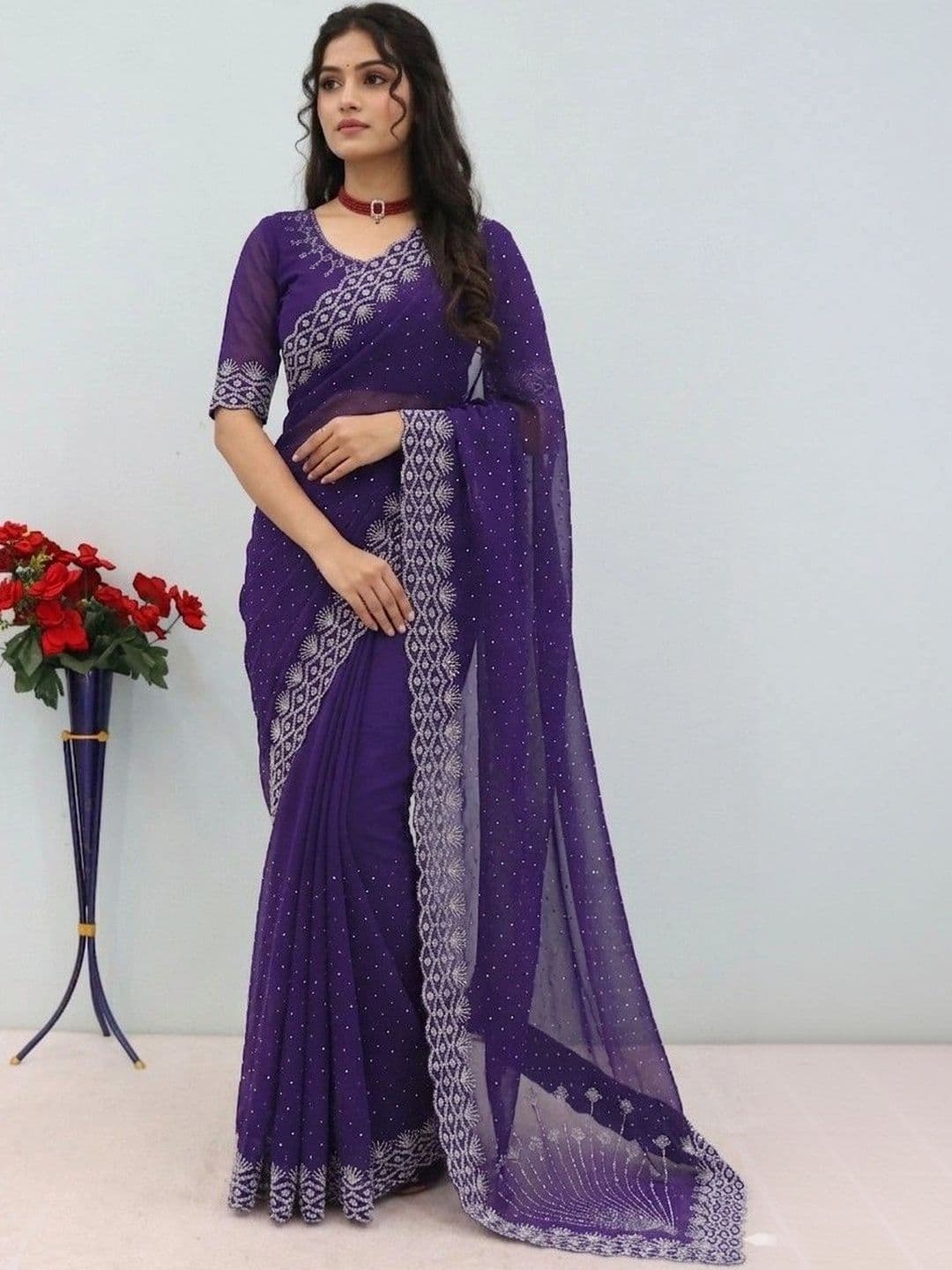 SmileyFashion Embellished Embroidered Pure Georgette Designer Saree - view 1