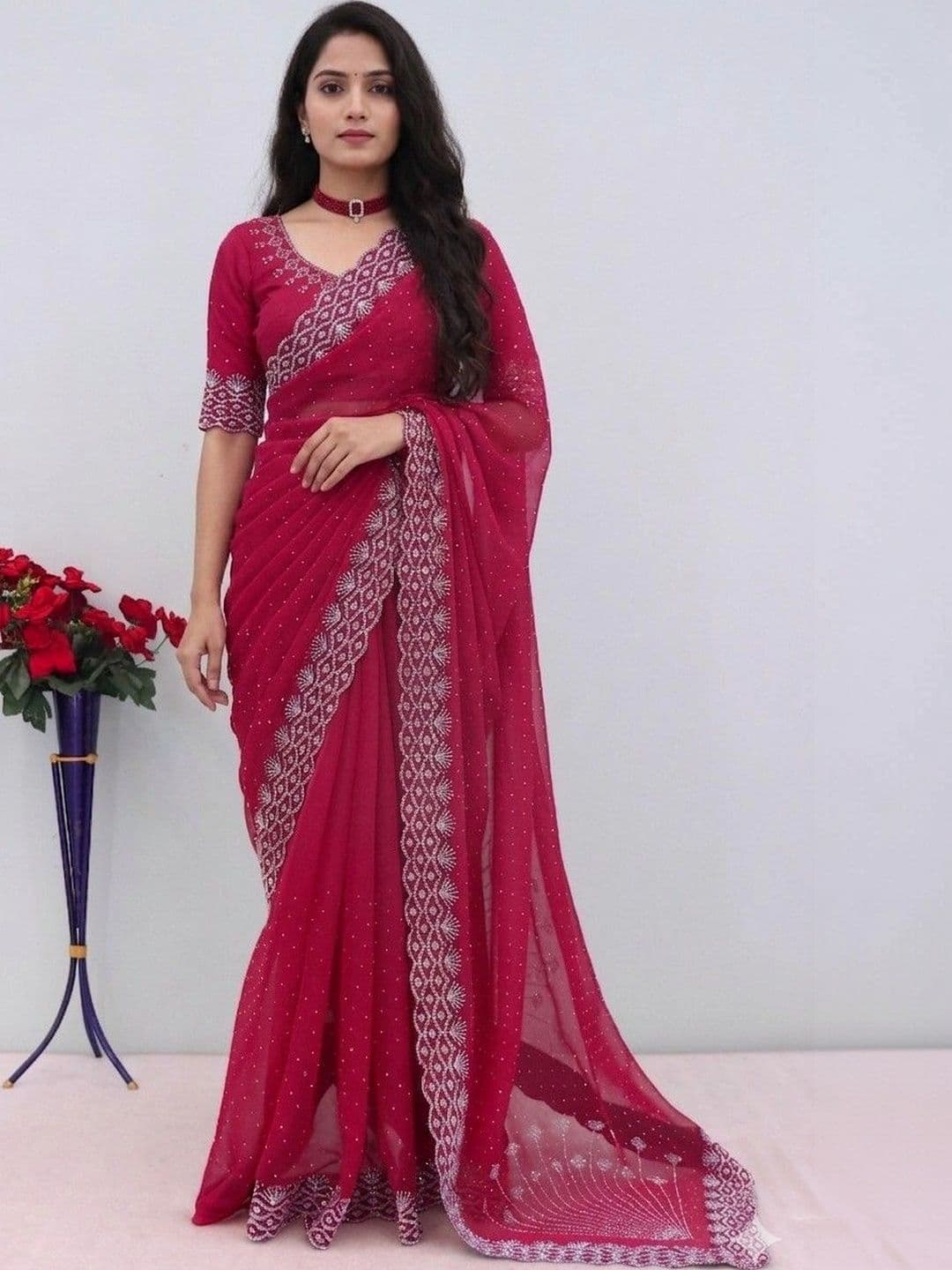 SmileyFashion Embellished Pure Georgette Designer Saree - view 1