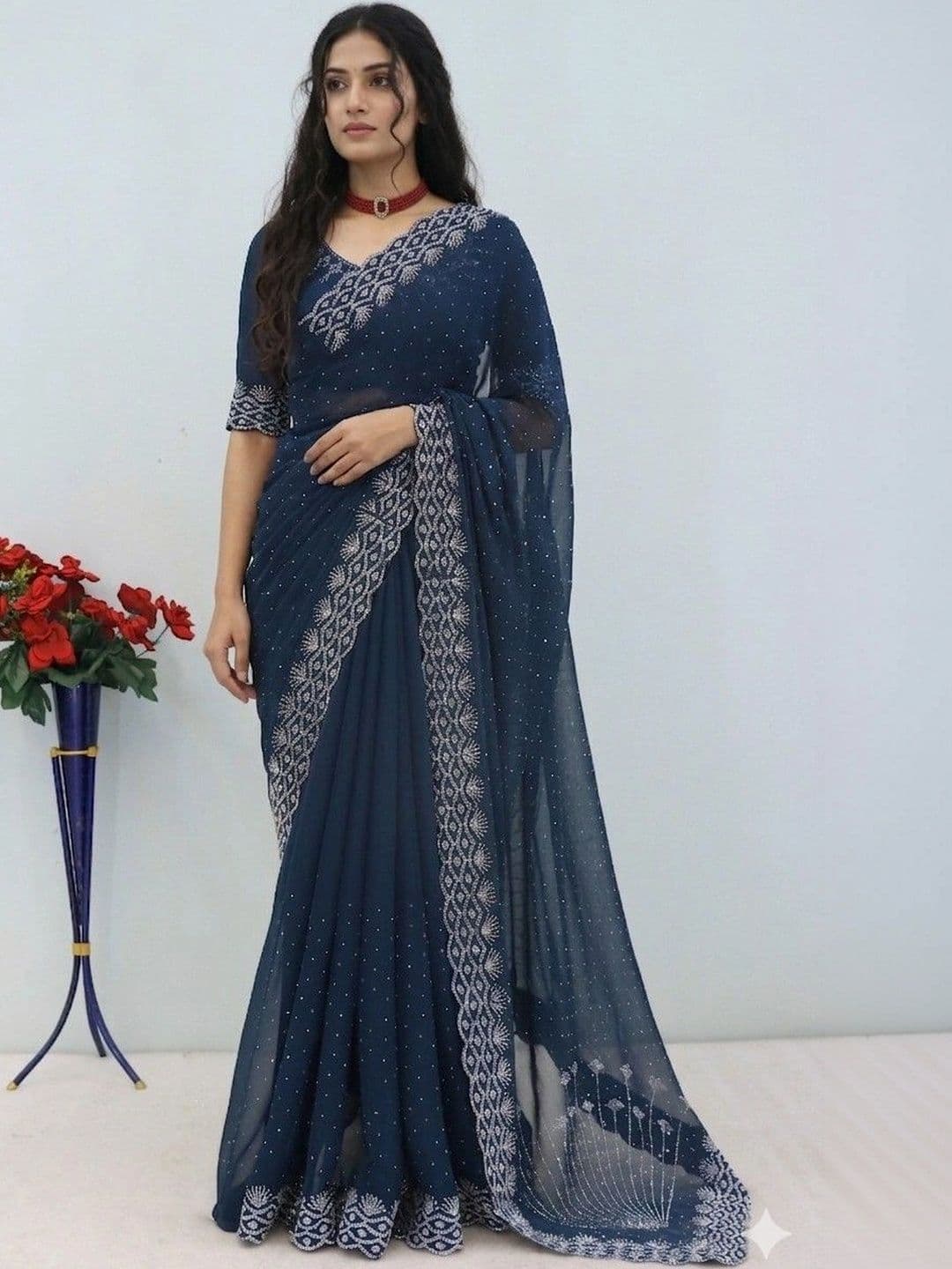 SmileyFashion Embellished Embroidered Pure Georgette Designer Saree - view 1