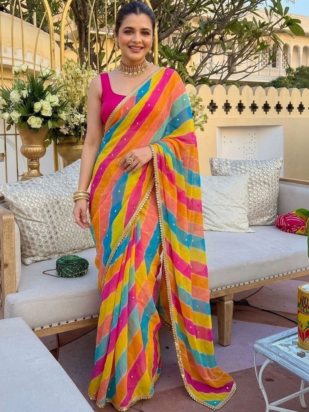 KALINI Leheriya Mirror Work Pure Georgette Leheriya Saree - view 1