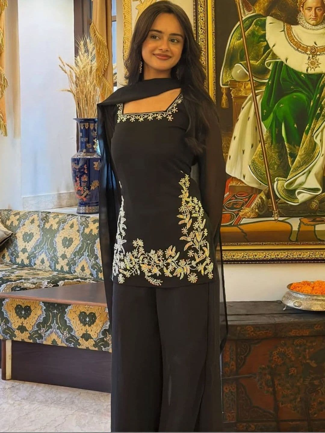 TRYAMBAKAM Women Ethnic Motifs Embroidered Regular Thread Work Silk Georgette Kurta with Palazzos & With - view 1