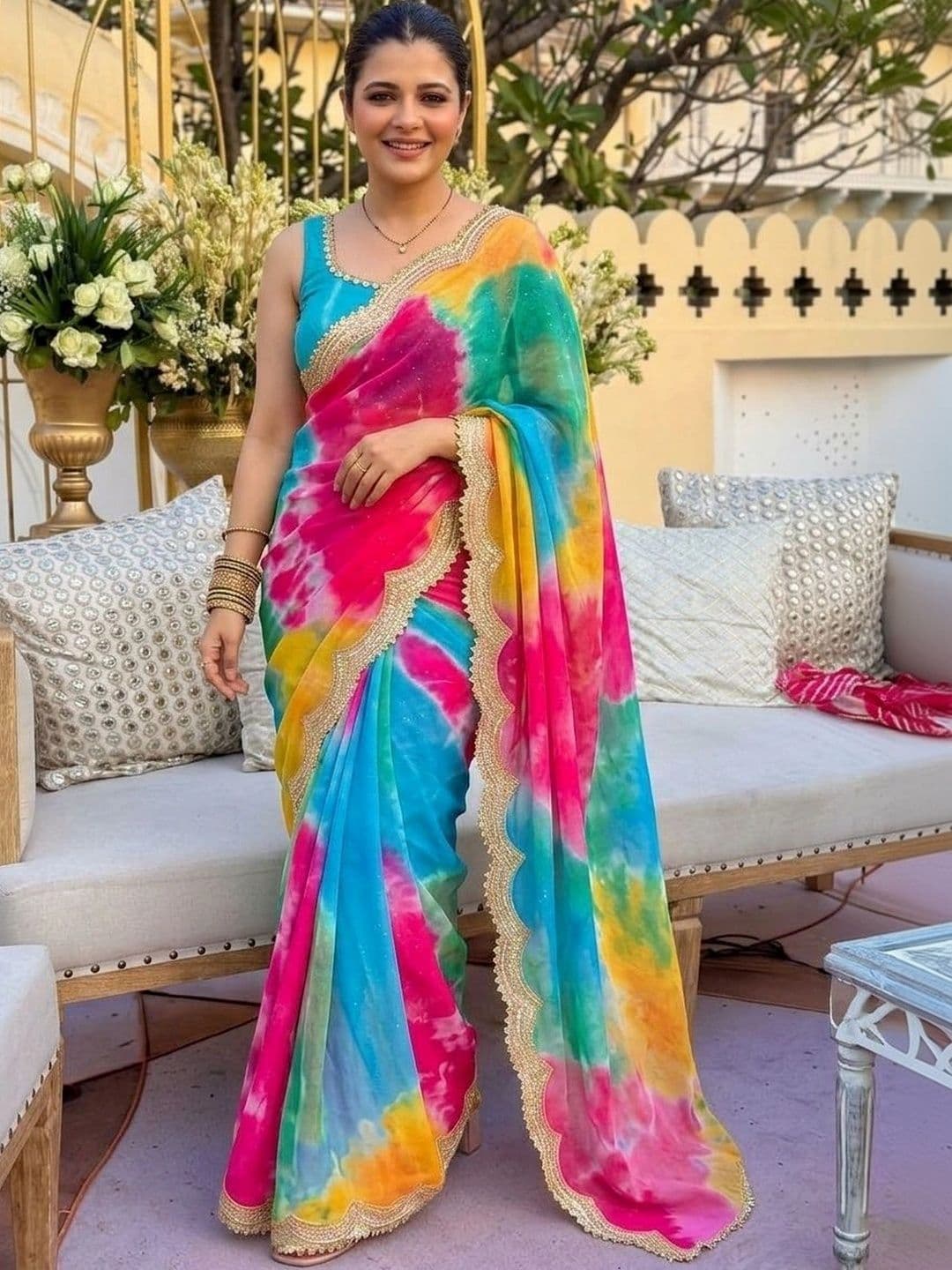 KALINI Tie and Dye Sequinned Pure Georgette Leheriya Saree - view 1
