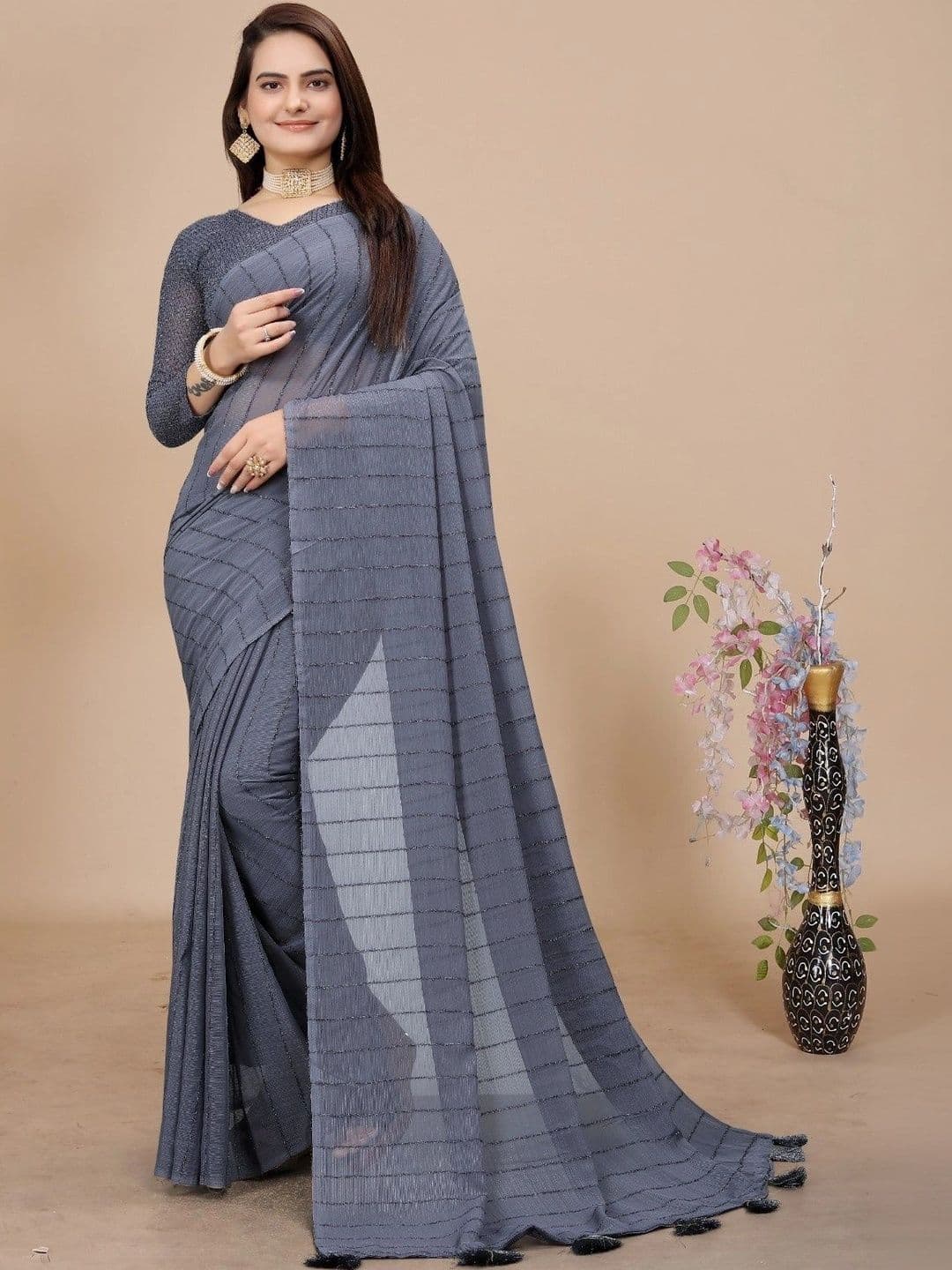 Cloth collective Striped Poly Georgette Chanderi Saree - view 1