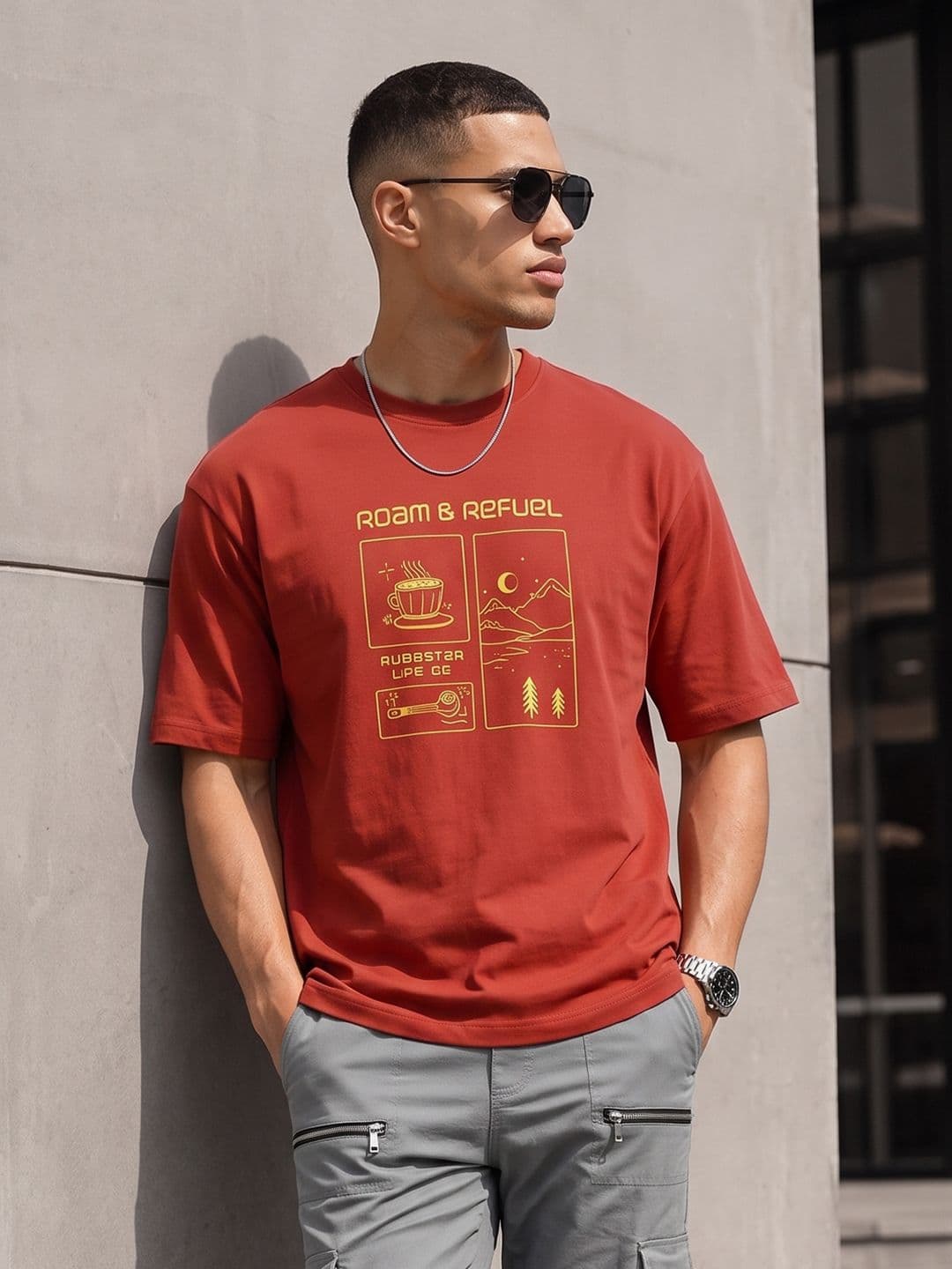 The Roadster Life Co. Printed Drop-Shoulder Sleeves Pure Cotton Relaxed Fit T-shirt - view 1