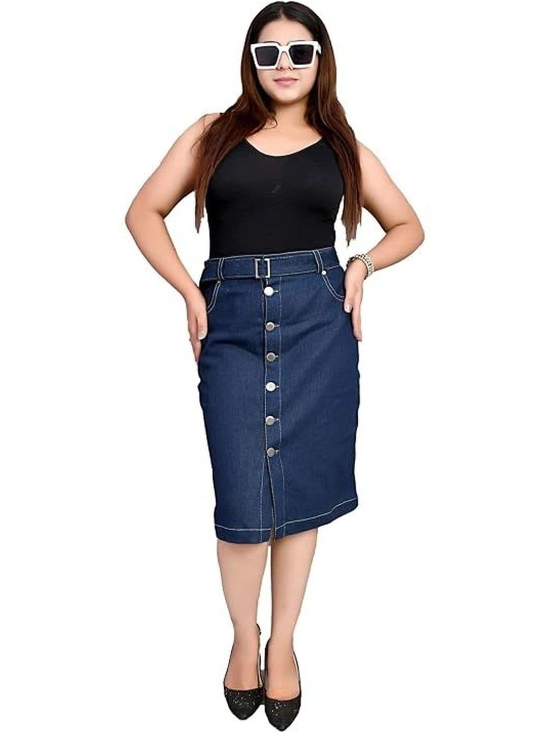 Pink Clap Fashion Women Denim Washed Knee Length Straight Skirt - view 1