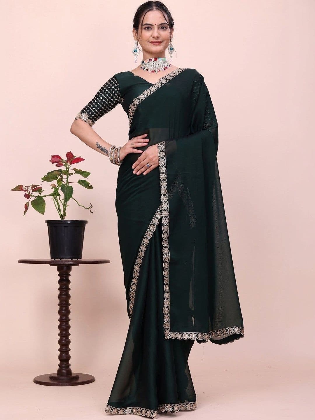 Cloth collective Sequinned Poly Georgette Chanderi Saree - view 1