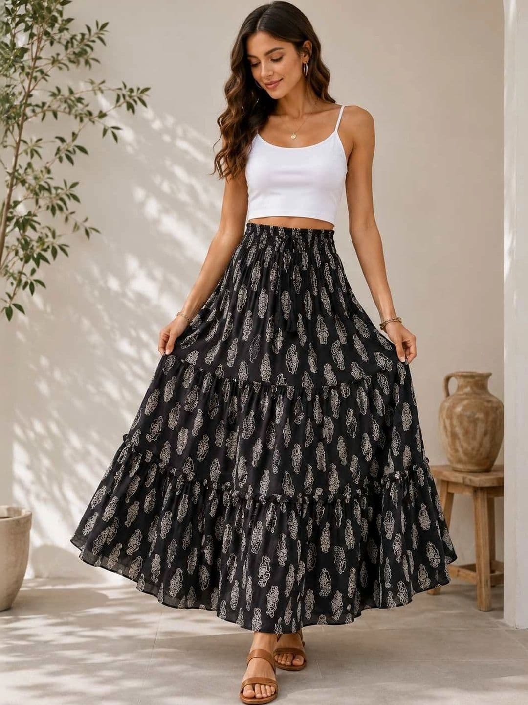 Rabhika Women Crepe Abstract Bohemian Maxi Tiered Skirt - view 1