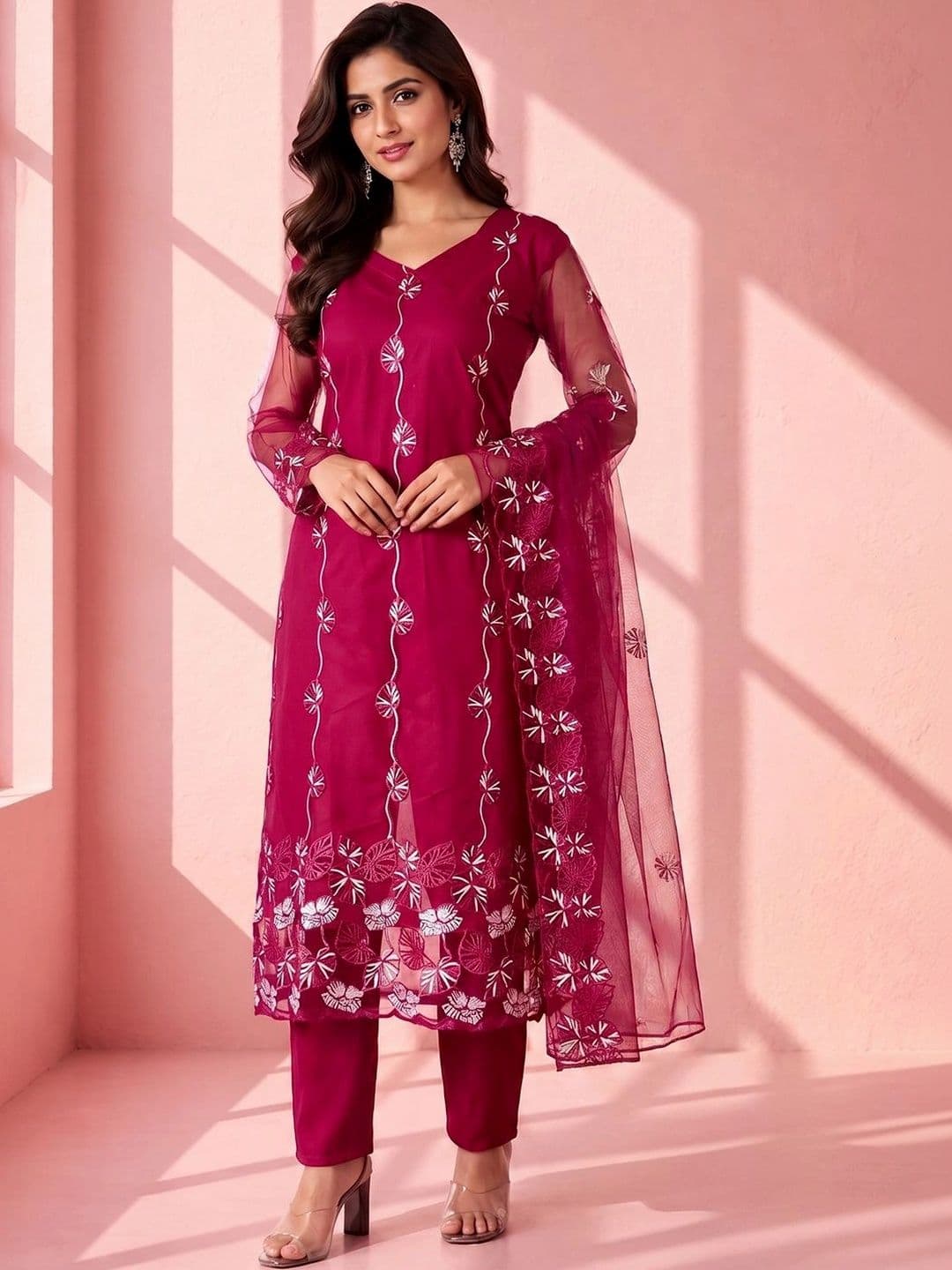 SACi Women Ethnic Motifs Embroidered Regular Thread Work Kurta with Trousers & With Dupatta - view 1