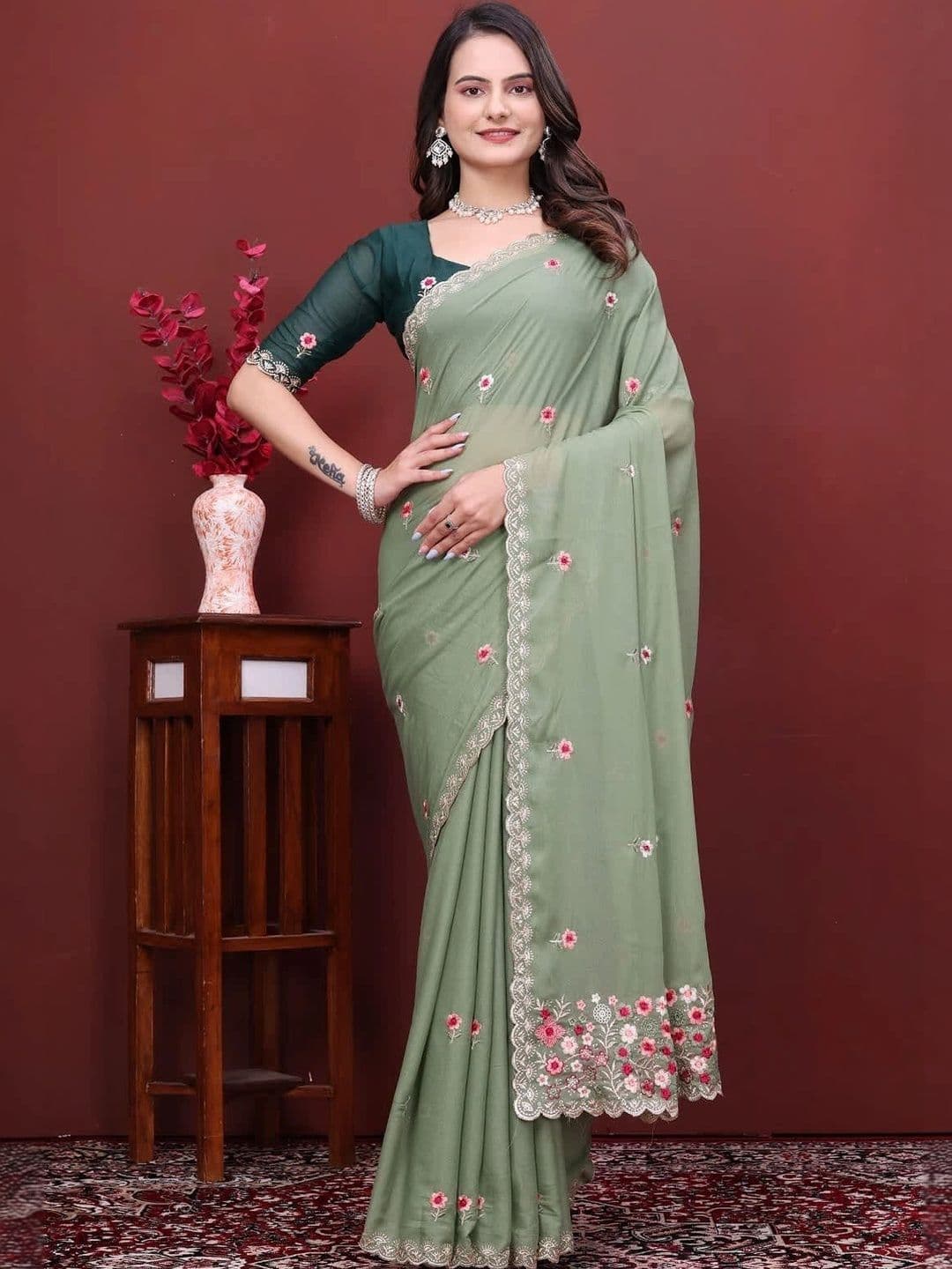 Cloth collective Floral Embroidered Poly Georgette Chanderi Saree - view 1