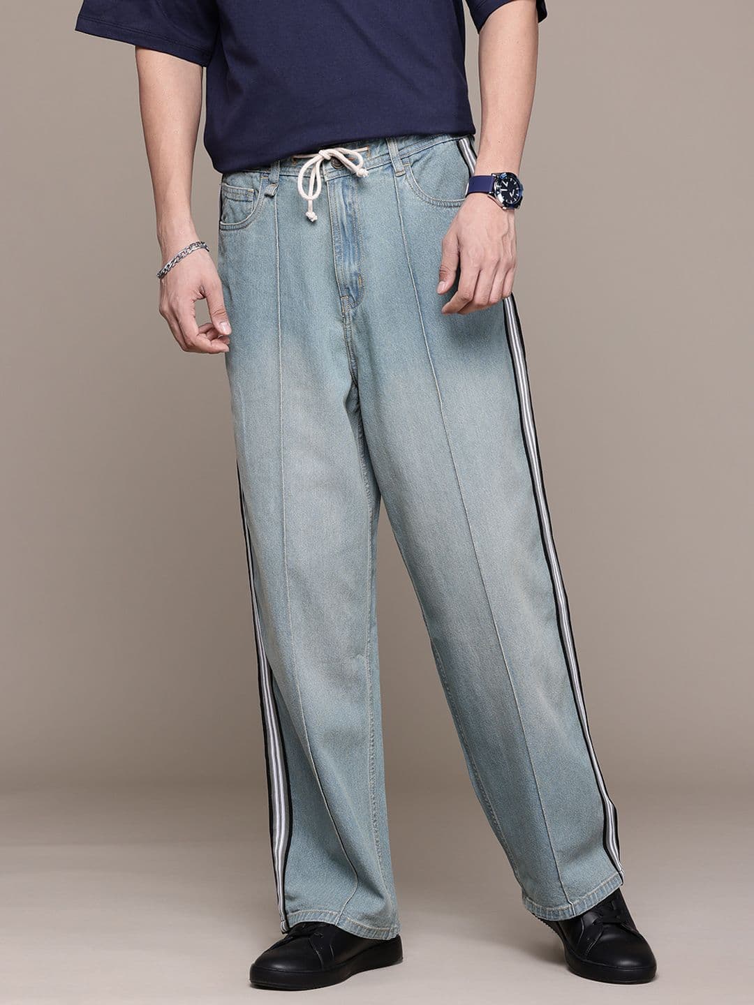 The Roadster Lifestyle Co. Pure Cotton Baggy Fit with Side Stripe Jeans - view 1