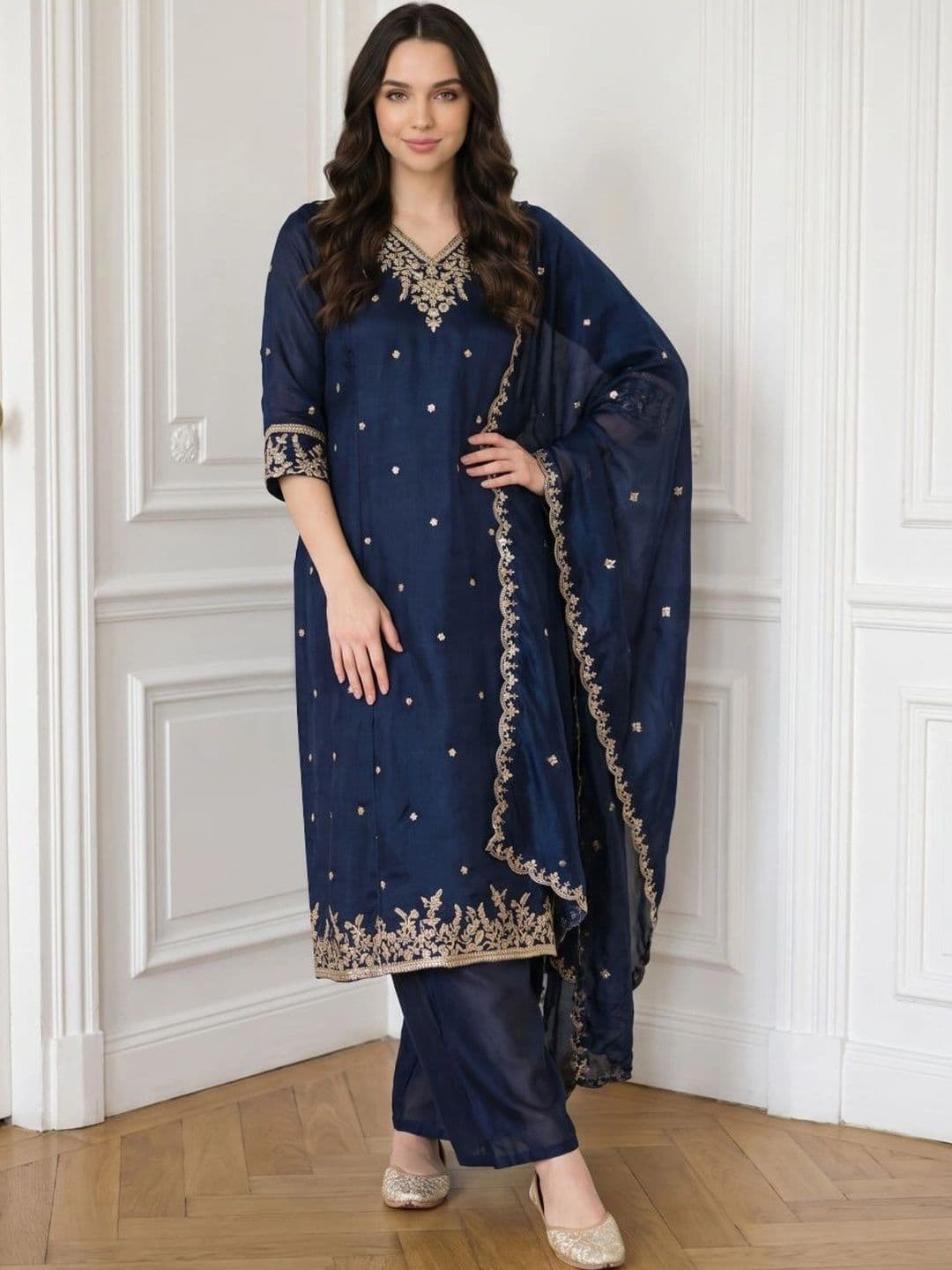 KALINI Women Ethnic Motifs Embroidered Thread Work Kurta with Palazzos & With Dupatta - view 1