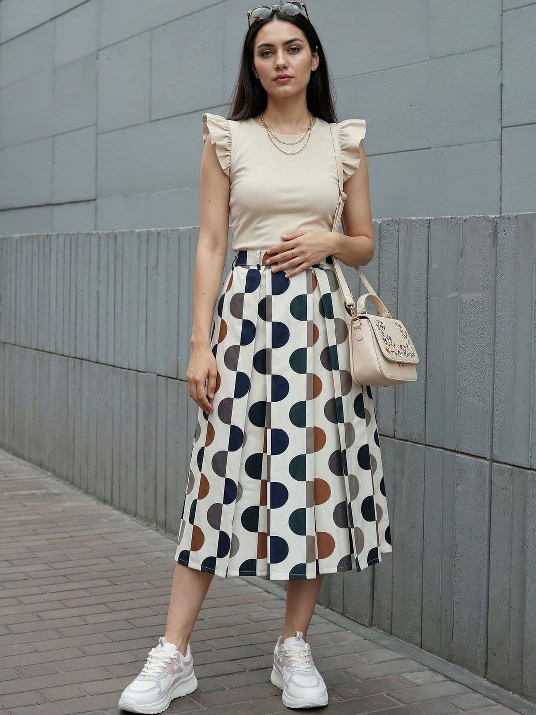 AASK Women Pure Cotton Blend Geometric Midi Flared Skirt - view 1