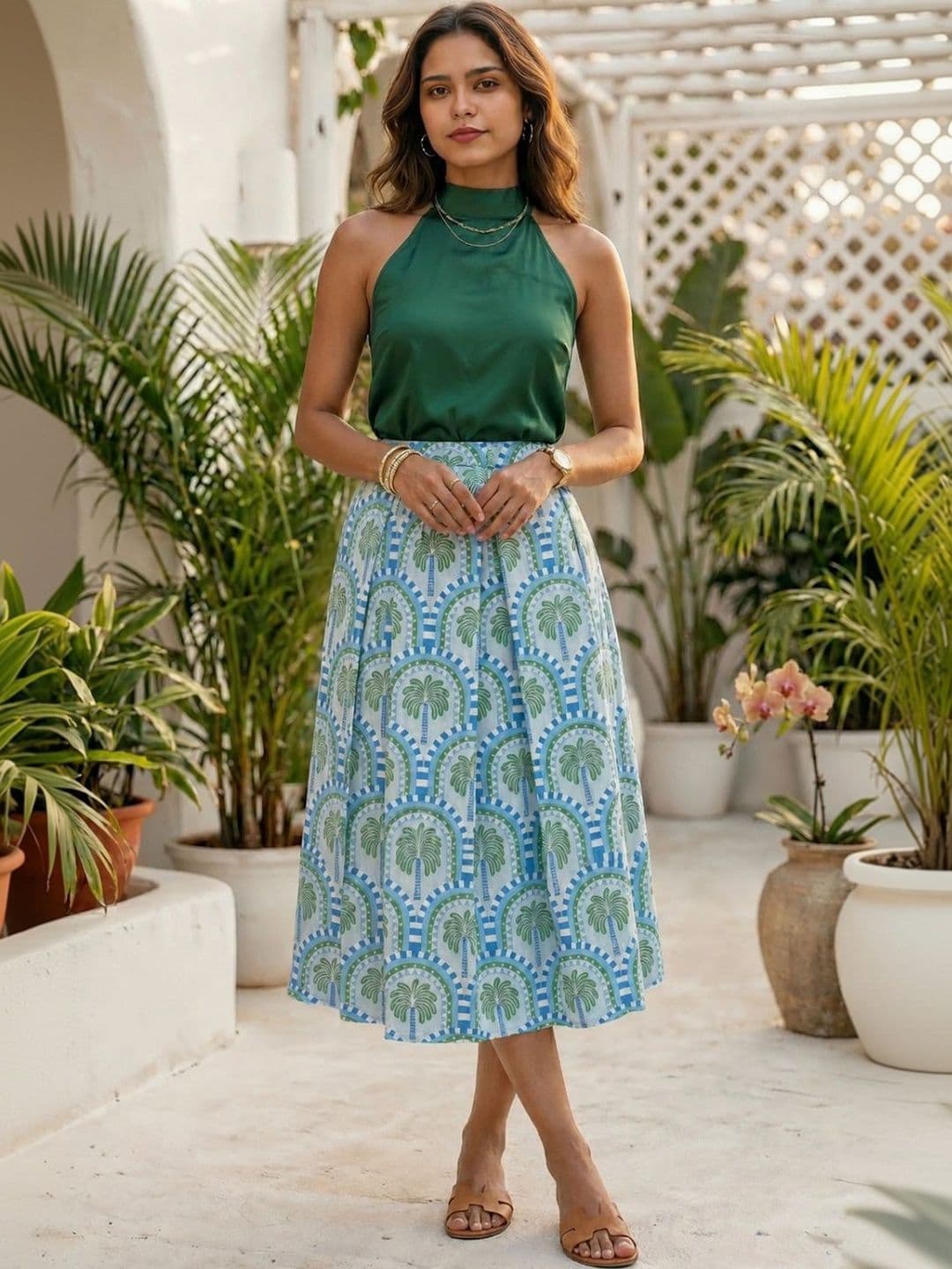 BLUE PIEGEON Blue Green Geometric Midi A-Line Skirt - view 1