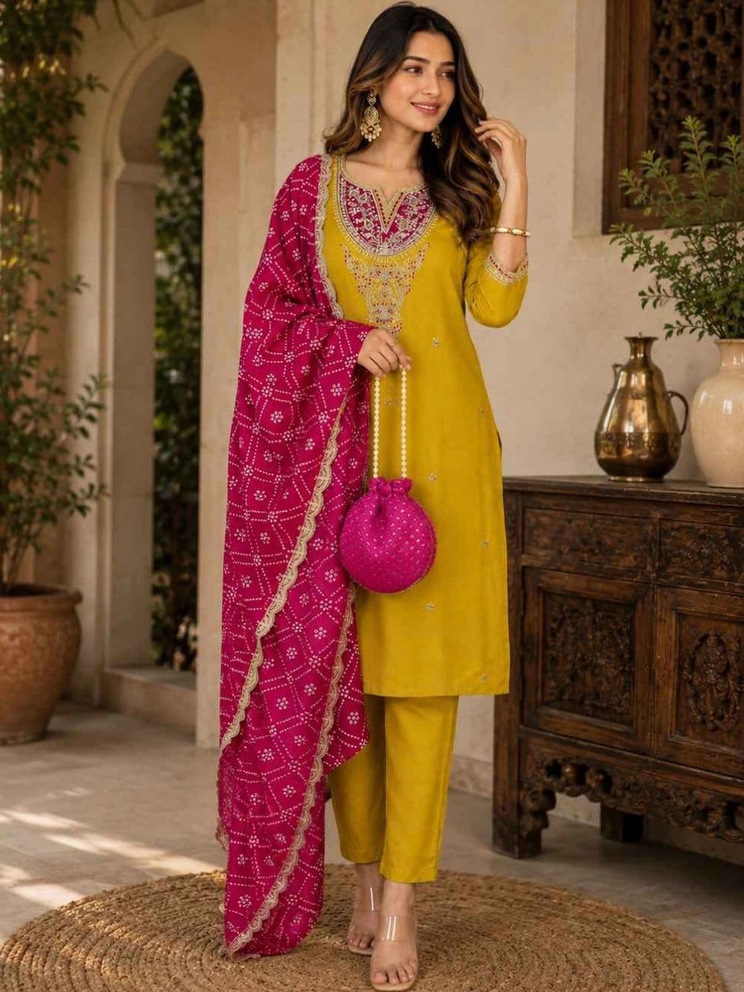 HERE&NOW Women Ethnic Motifs Embroidered Regular Thread Work Kurta with Trousers & With Dupatta - view 1