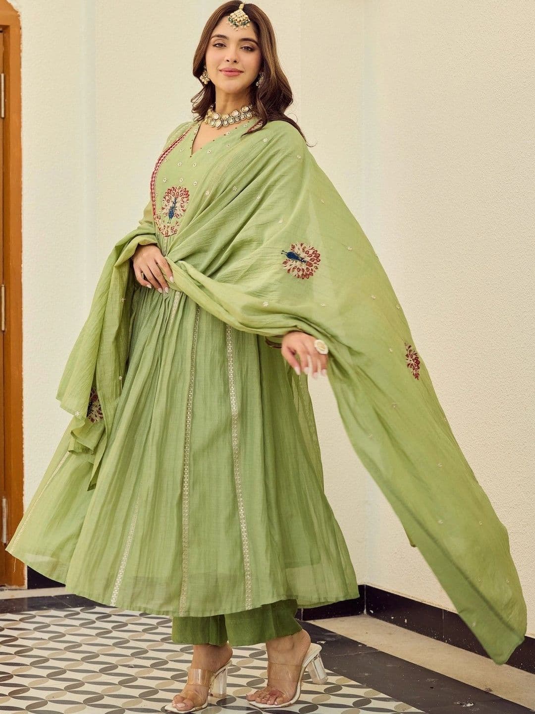 HERE&NOW Women Ethnic Motifs Embroidered Empire Thread Work Kurta with Trousers & With Dupatta - view 1