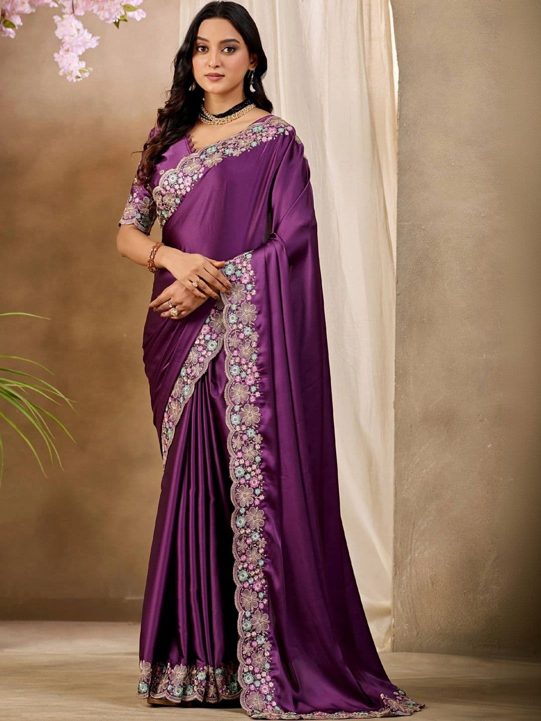 K 5 Fashion Ethnic Motifs Embroidered Satin Fusion Ikat Saree - view 1