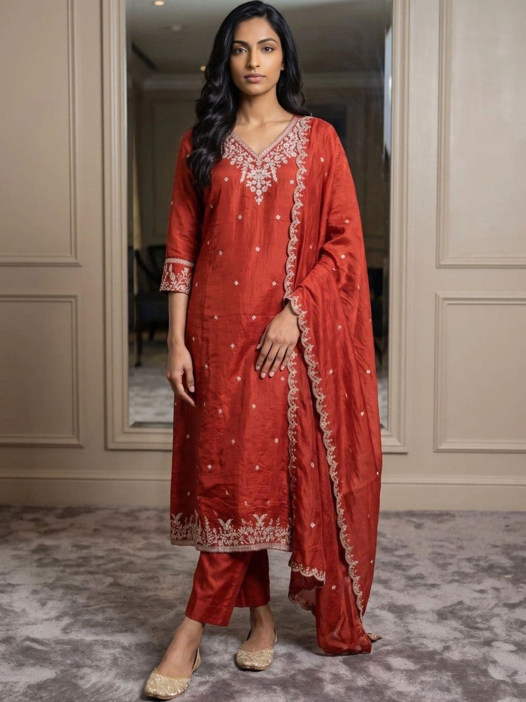 KALINI Women Ethnic Motifs Regular Thread Work Kurta with Palazzos & With Dupatta - view 1