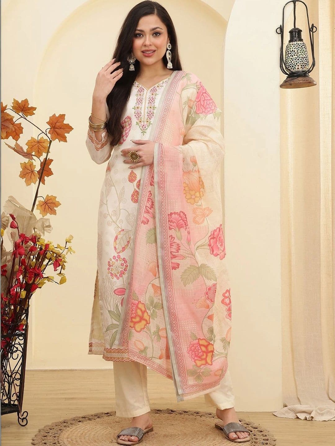 Moda Rapido Women Floral Printed Regular Thread Work Linen Kurta with Trousers & With Dupatta - view 1