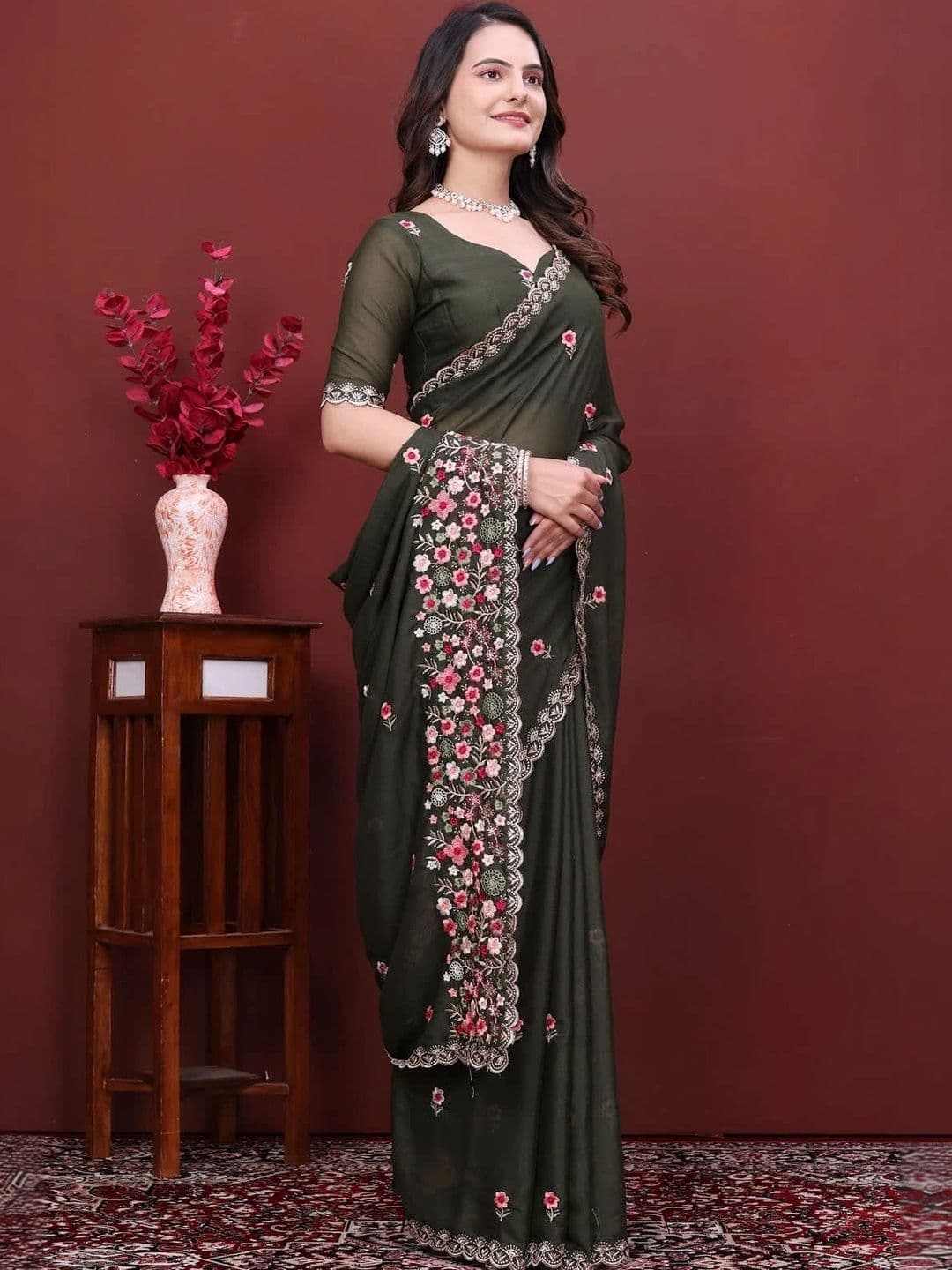 Cloth collective Floral Embroidered Poly Georgette Chanderi Saree - view 1