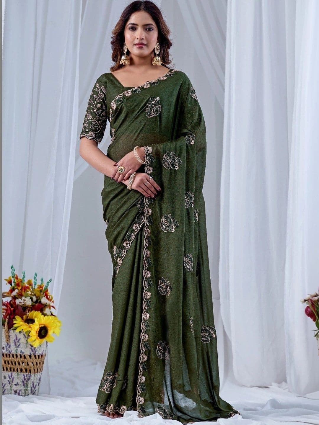 Cloth collective Floral Embroidered Poly Georgette Chanderi Saree - view 1