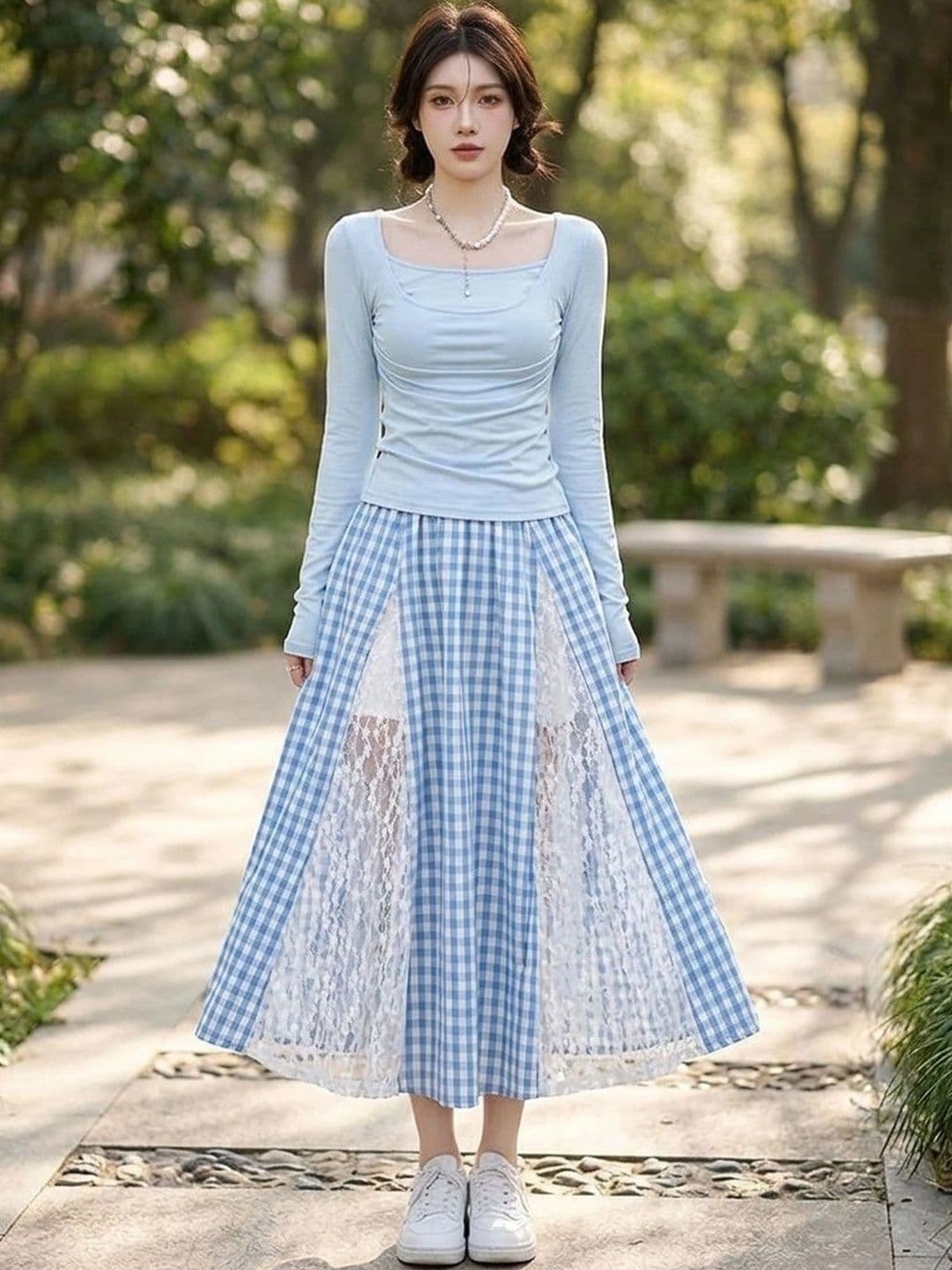 Suo Women Checked Summer Checks Front Slit Midi Flared Skirt - view 1