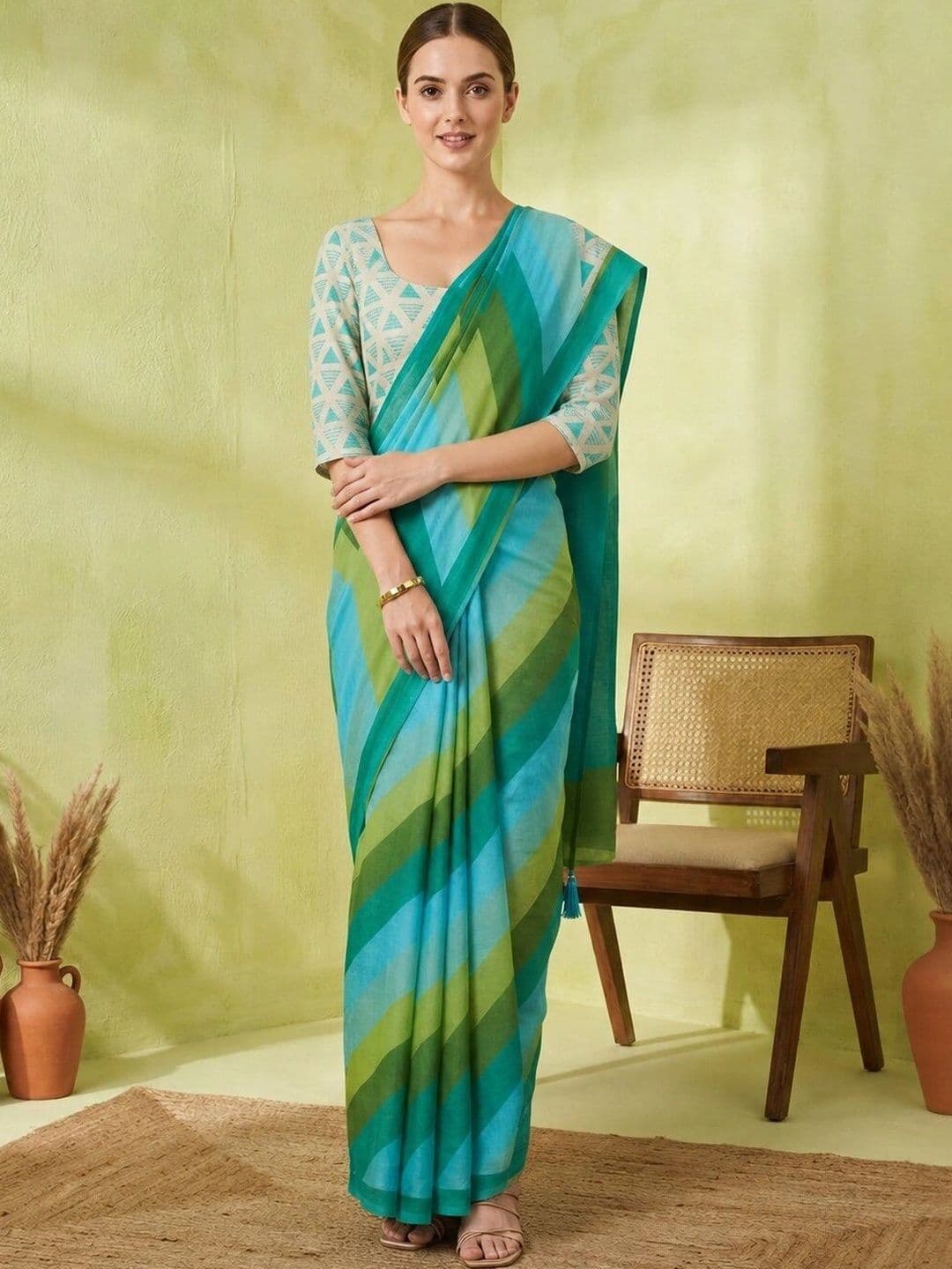 JISHNAM Striped Pure Linen Khadi Saree - view 1