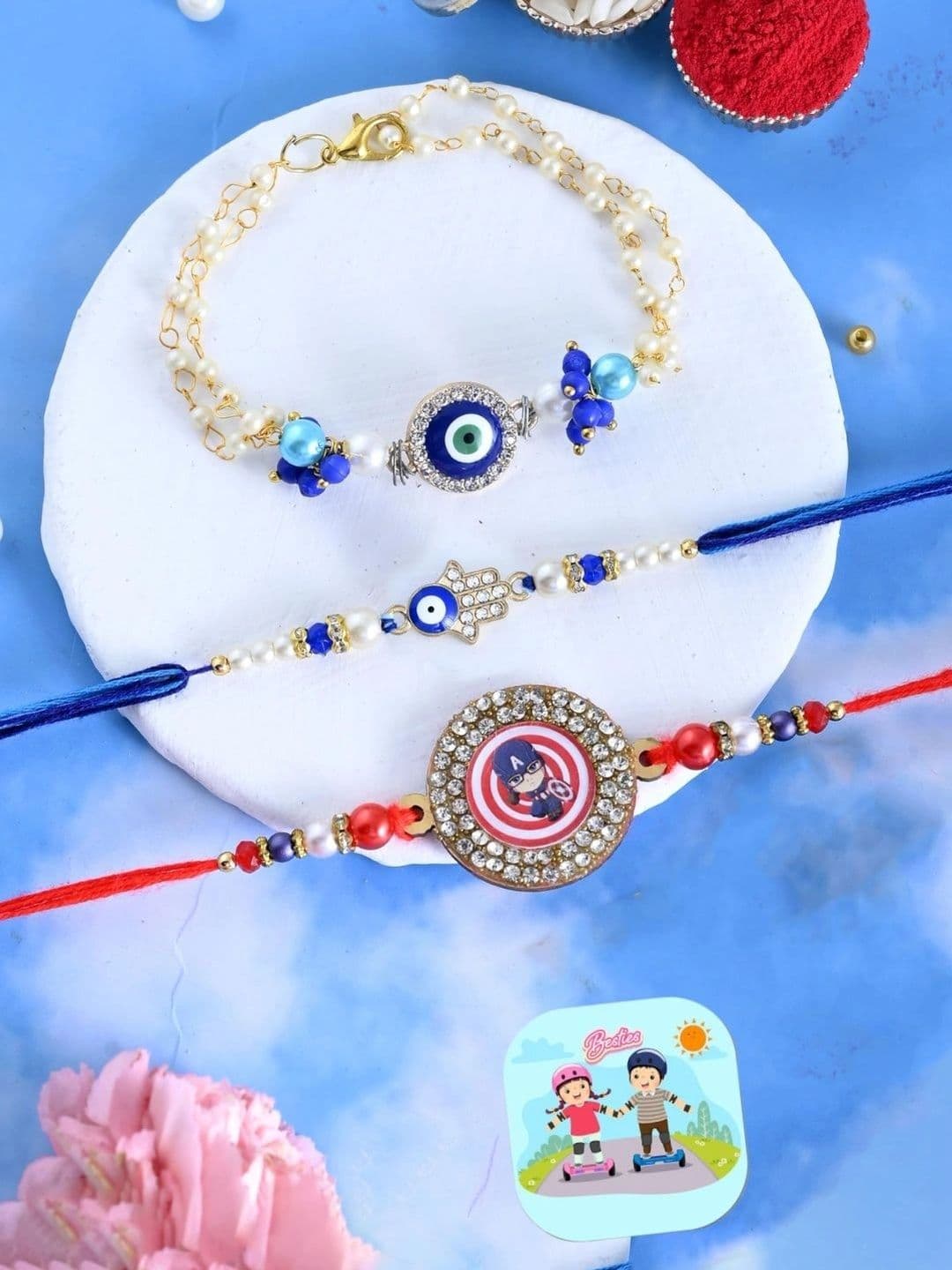 CraftVatika Kids Set Of 3 Brother & Bhabhi Rakhi With Tilak Greeting Card & Fridge Magnet - view 1