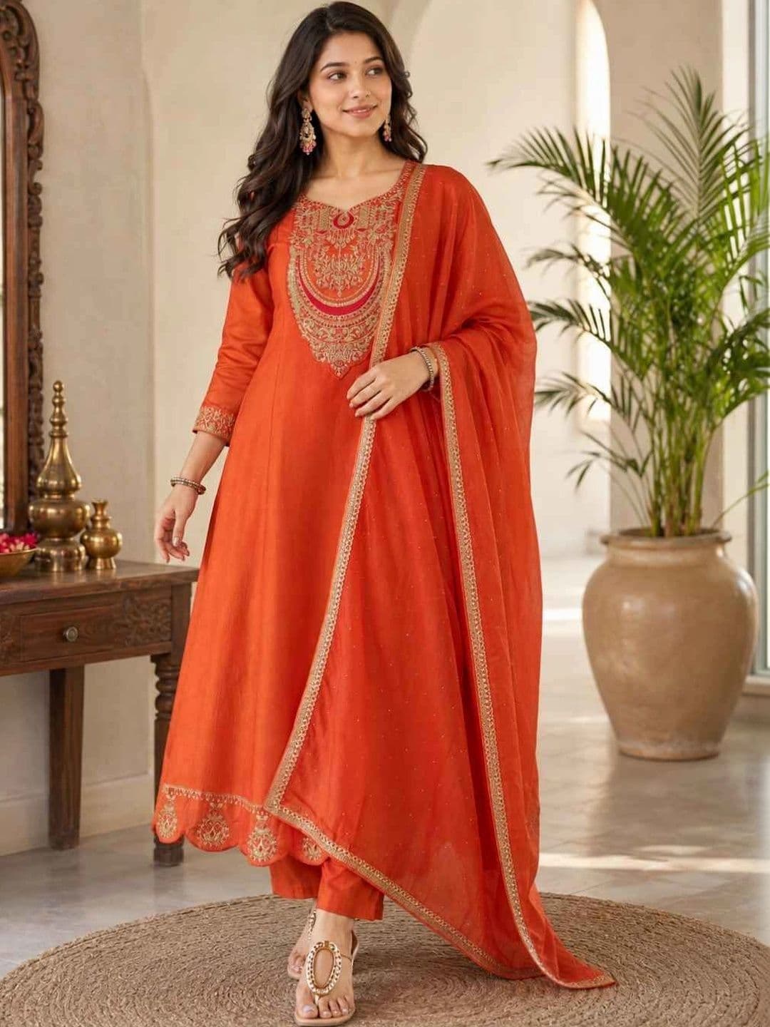 HERE&NOW Women Ethnic Motifs Embroidered Empire Thread Work Kurta with Trousers & With Dupatta - view 1