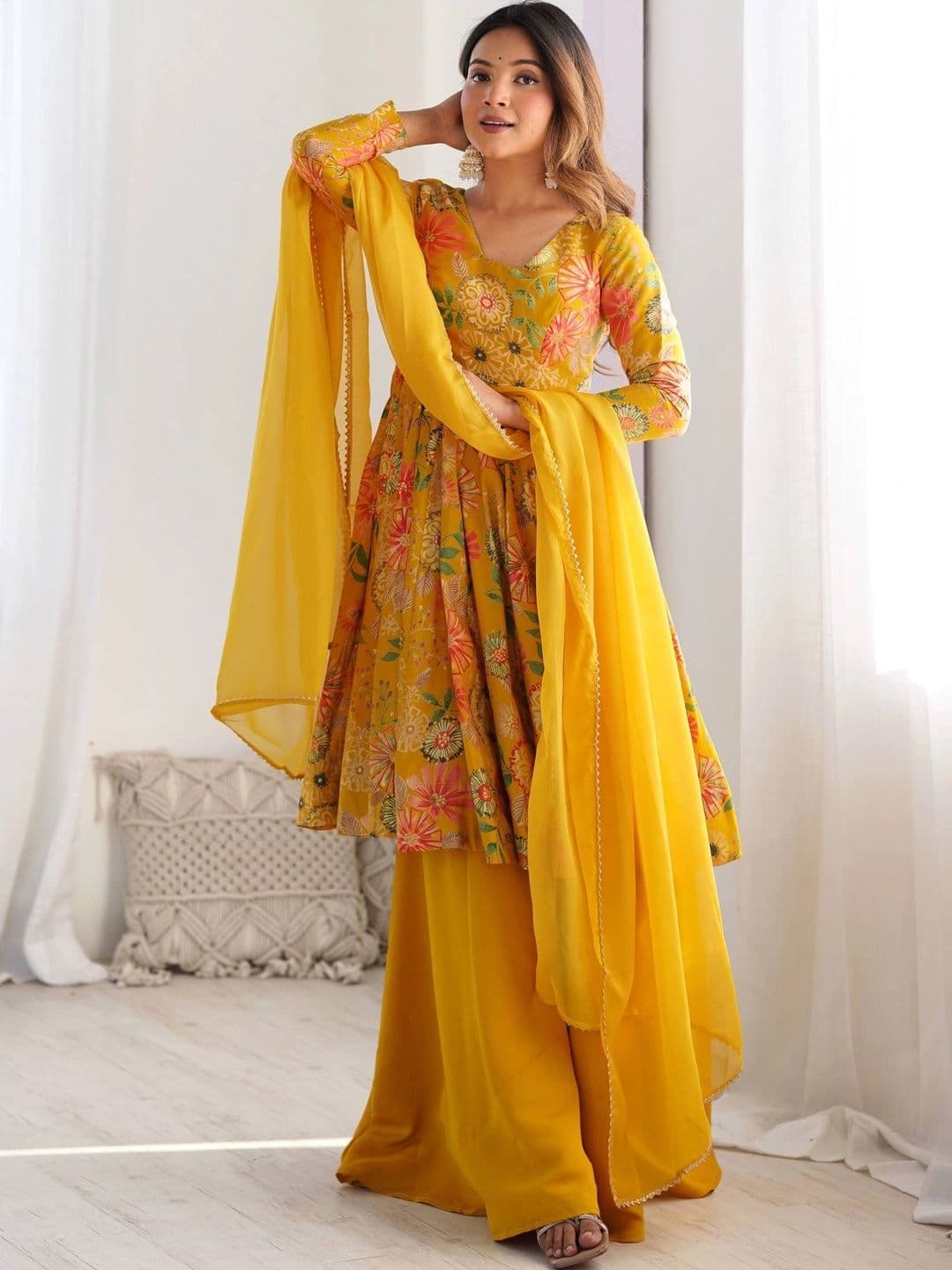 SAJAVAT ETHENIC WEAR Women Floral Printed Empire Chanderi Silk Kurta with Palazzos & With Dupatta - view 1