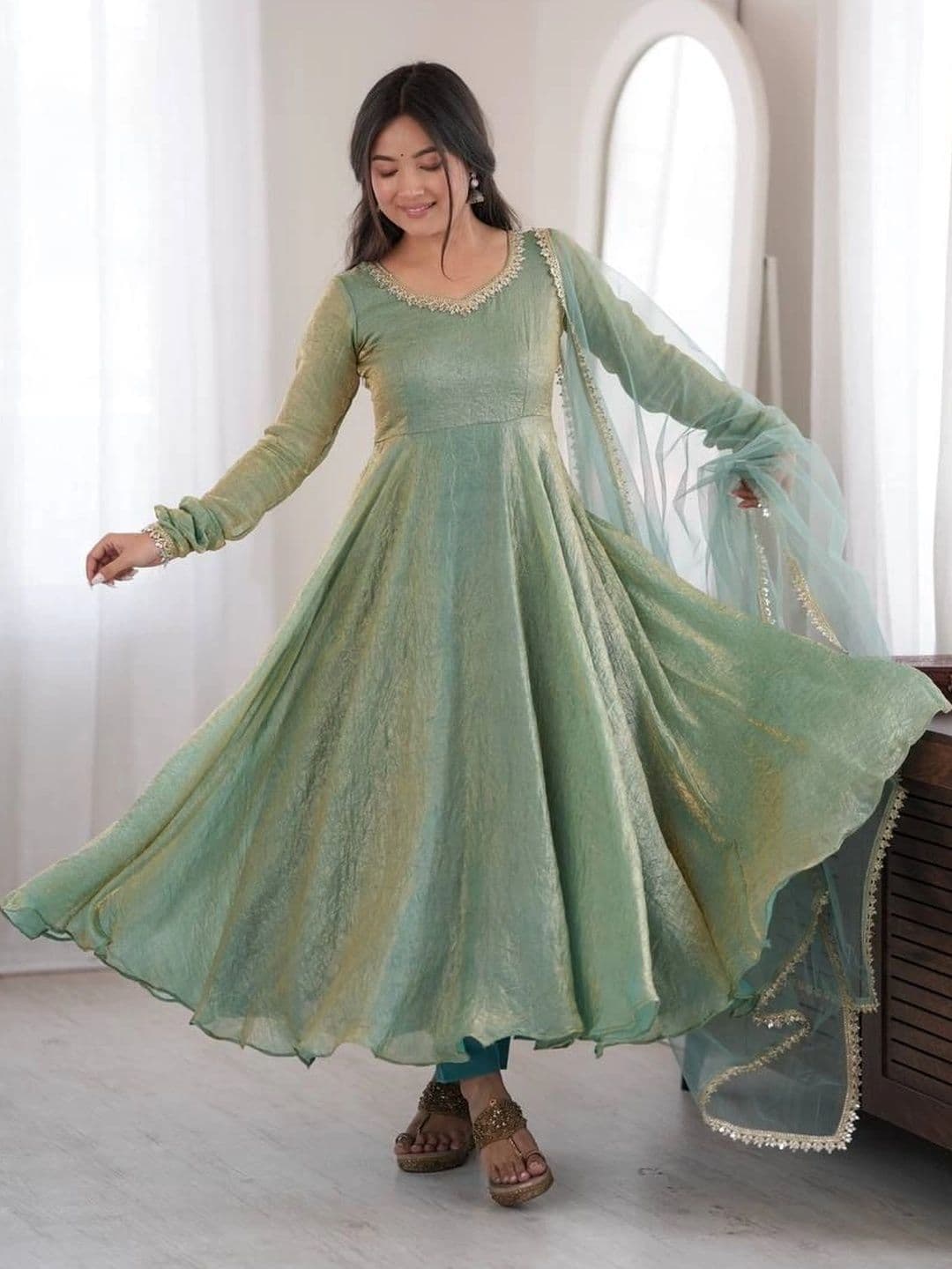 SAJAVAT ETHENIC WEAR Women Empire Gotta Patti Pure Silk Kurta with Trousers & With Dupatta - view 1
